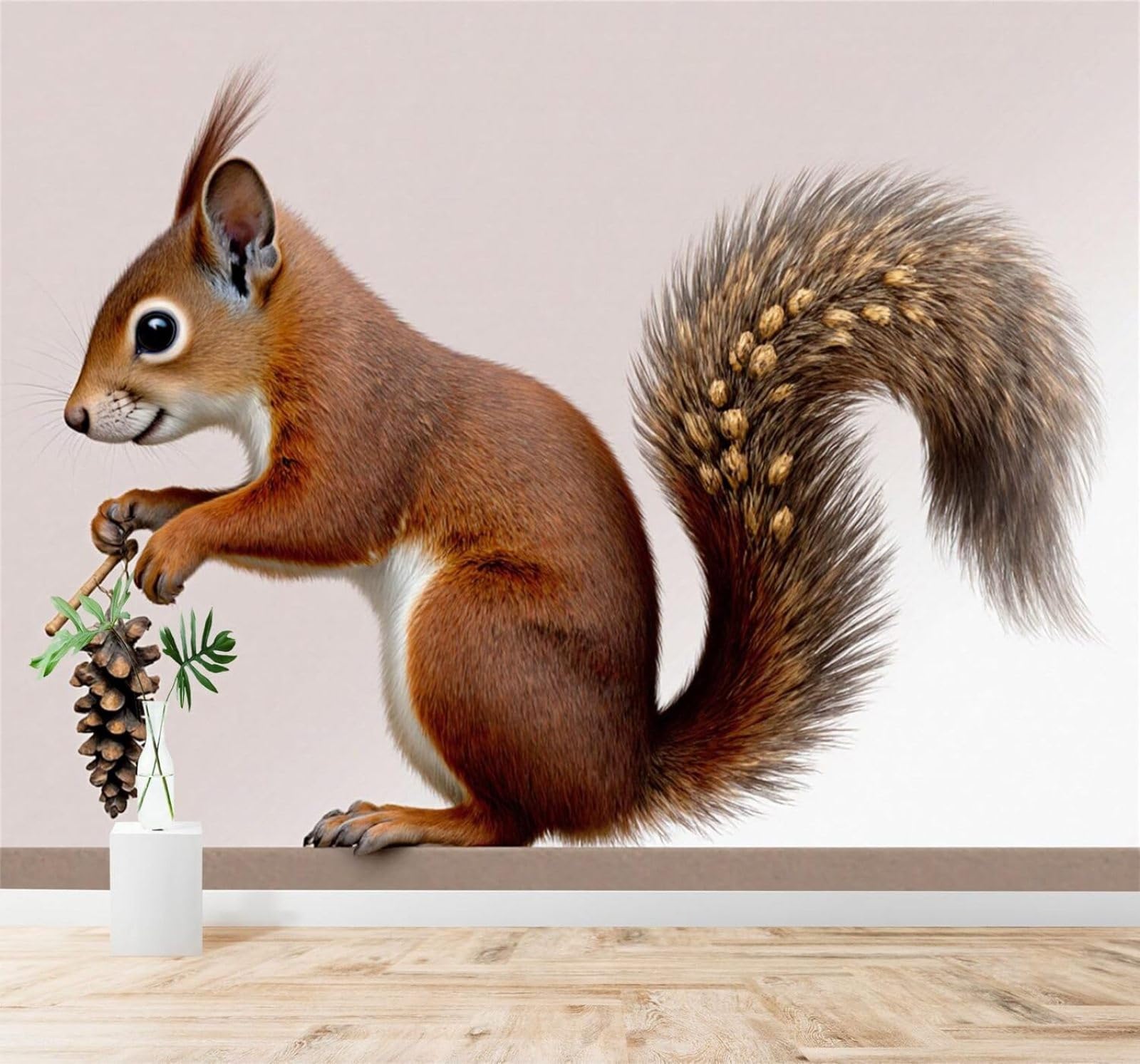 XLMING Brown Squirrel Pine Cone Forest Animals Art Nature Illustration 3D Wallpaper Silky Texture Home Study Office Grey Dining Room Sofa Bedroom Living Room TV Backdrop-200cm×140cm