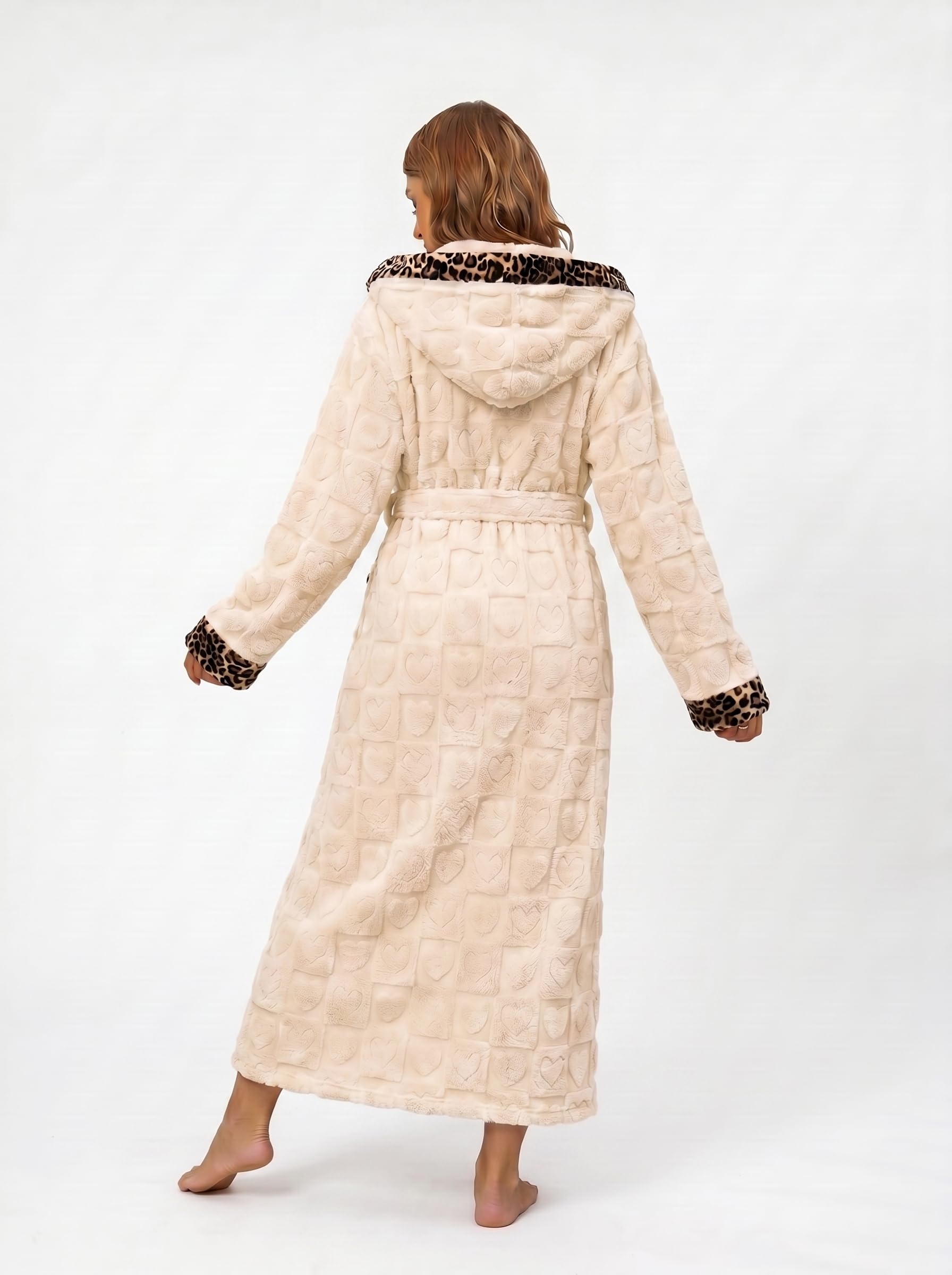 RONGTAI Peignoir long en polaire douce et pelucheuse pour femme Imprimé léopard Avec poches et ceinture S-XXL
