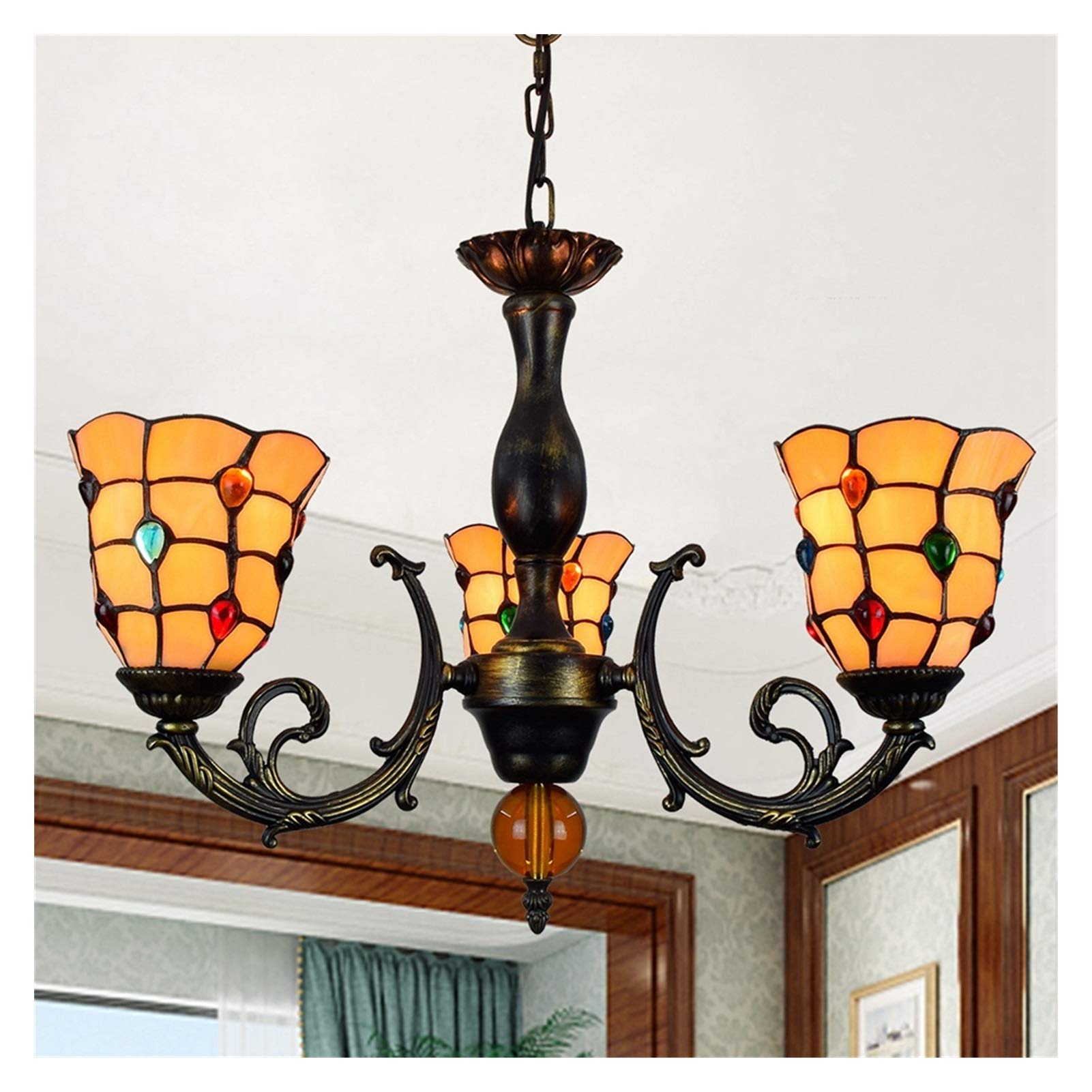 Żyrandol Tiffany 6-calowy stylowy klosz Witraż Wisiorek ze szkła Lampa wisząca z 3 ramionami Kolorowa lampa wisząca Odwrócona lampa wisząca sufitowa