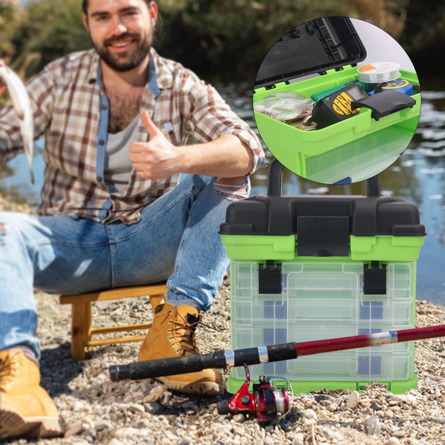 Caja de aparejos de pesca, caja de pesca de 4 capas, cajas de aparejos, almacenamiento superior de acceso rápido con tapa para equipo de pesca y accesorios, (verde) KUKLIPJIM