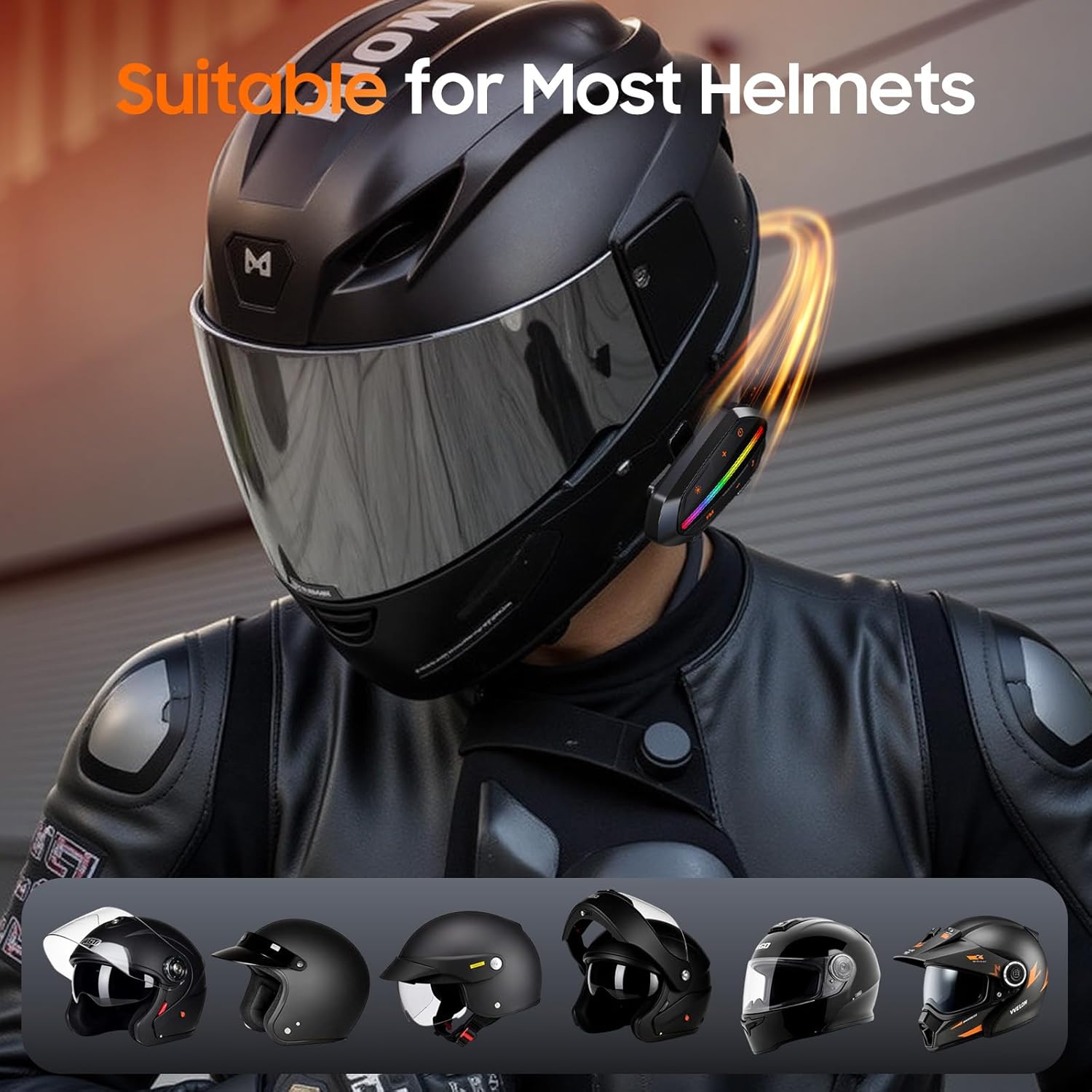 Motorcycle Bluetooth Headset, Bluetooth 5.3 Helmet Speakers with Loud Sound, RGB Lights & 1000mAh Battery, Noise Cancelling Helmet Bluetooth Headset for Drivers, IPX6 Waterproof Motorcycle Headphones