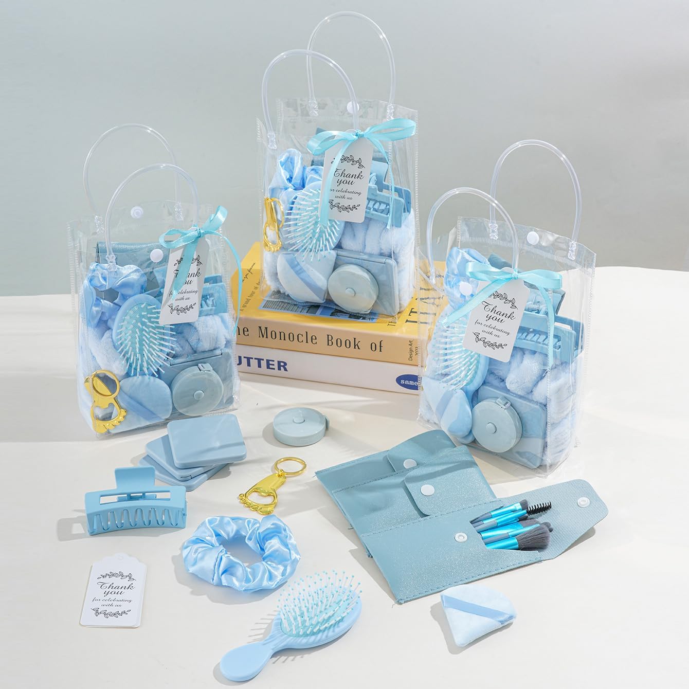 116Pcs Baby Shower Prizes for Game Winners Favors Gifts Set including Hair Clips Hair Brush Makeup Brushes Gift Bags for Baby Shower Party Guests Bridal Shower Favors (Blue)