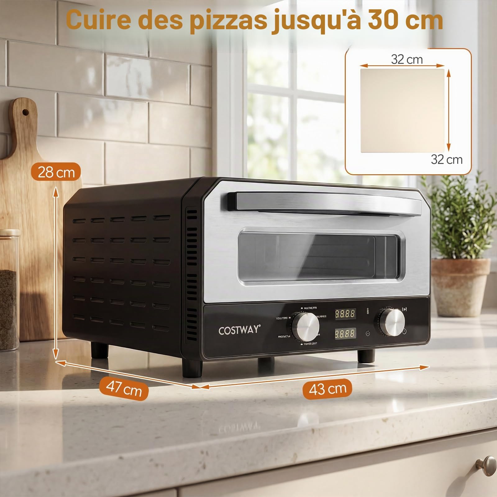 FANTASK Four à pizza électrique jusqu'à 400 °C, 6 programmes, fonction de cuisson en 2 minutes, pierre à pizza et roue de coupe, appareil à pizza d'intérieur