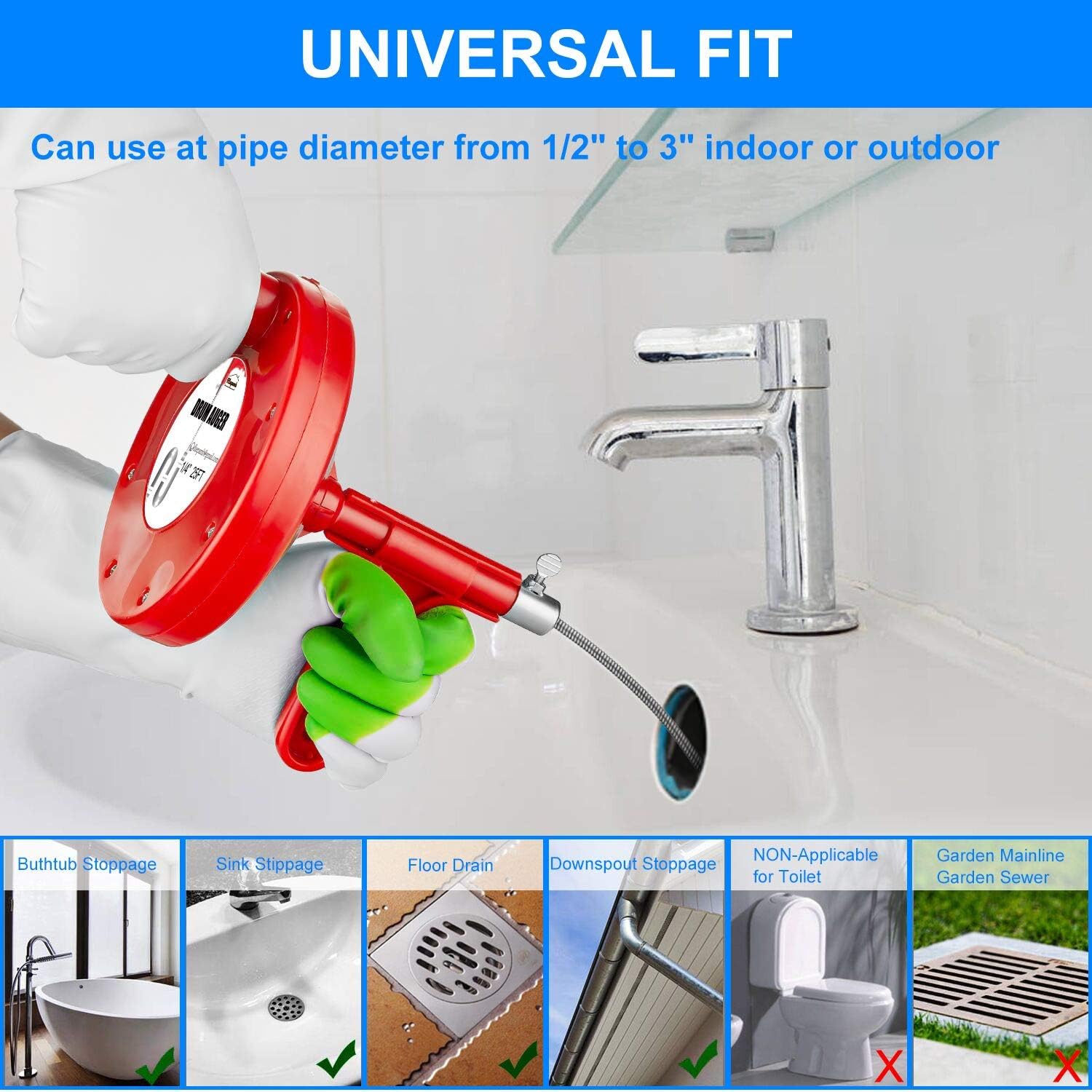 Best Quality 🔥 Plumbing Snake Drain Auger, 25 Ft Flexible Sink Snake, Pipe Snake, Drain Clog Remover for Bathroom Kitchen Sink, Shower Drain, Sewer Tool, Comes with Gloves and 1 Pack Plastic Hair Snake