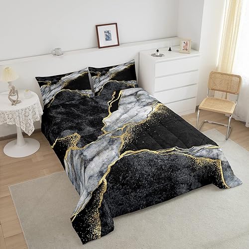 Miniatura 3 de Juego de edredón de lujo negro y gris, juego de ropa de cama con lentejuelas doradas y mármol, relleno de edredón con textura abstracta de mármol