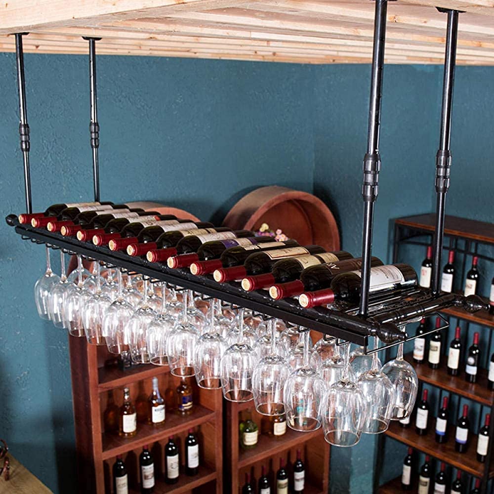 Casier à vin de plafond suspendu en métal avec porte-verre intégré
