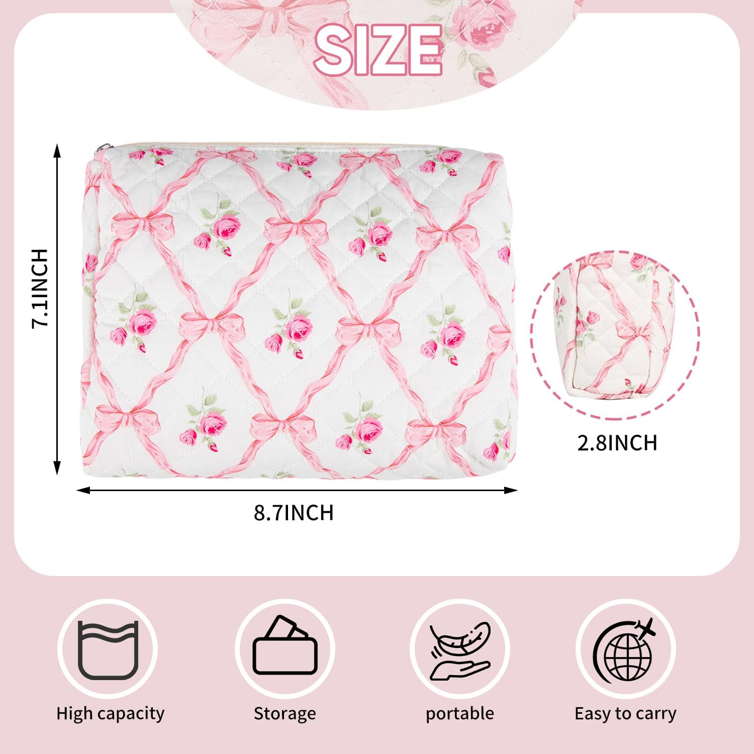 Quilted makeup bag，Cosmetic Bag, Floral Cosmetic Bag for Women, Cotton Makeup Bag Set, Wide-open Easy to Take, Flower Toiletry Organizer Bag(Medium)