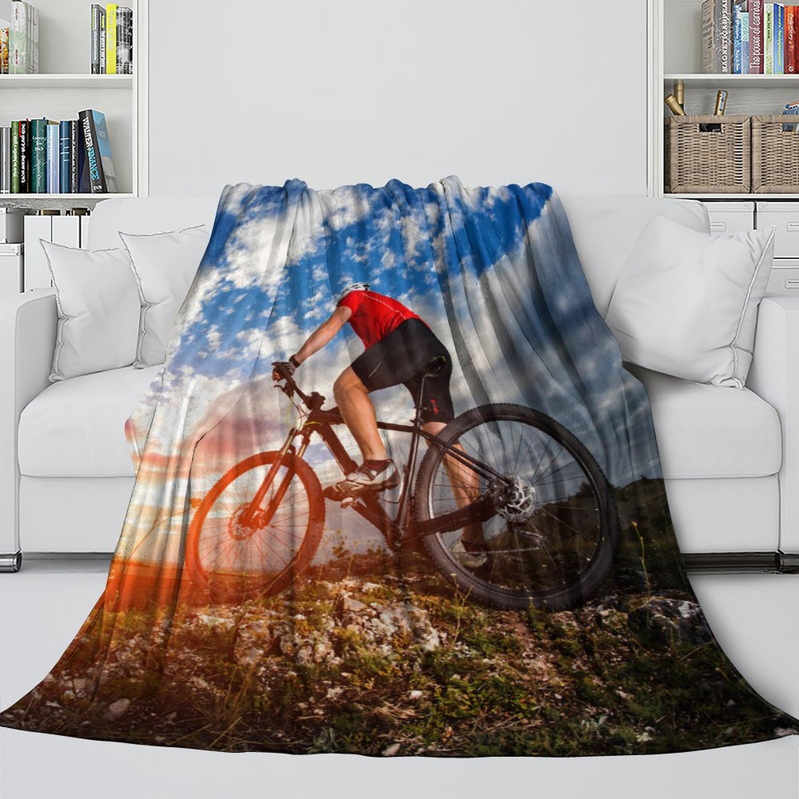 stampa 3D MountainBikeRider coperta microfibra biancheria da letto compatta e morbida coperta da viaggio leggera per studenti in trasferta OutdoorAdventureStyle 70×80inch(180x200cm)