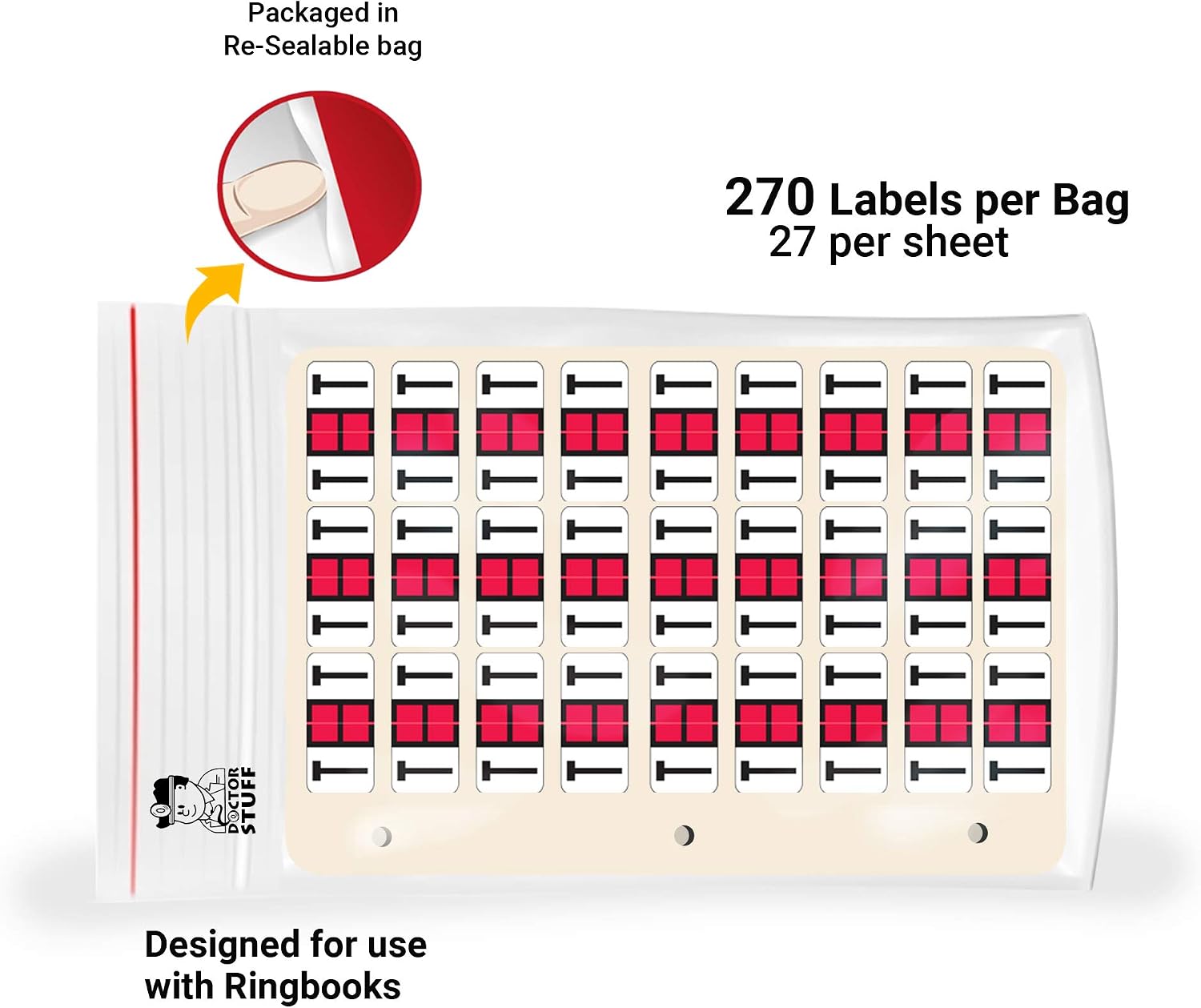 Doctor Stuff - File Folder Labels, Reynolds & Reynolds ColorFile Compatible Alphabet Labels, 3-Ring Binder Sheets - Letter T, Red, 3/4" x 1-1/2", Package of 270 Labels