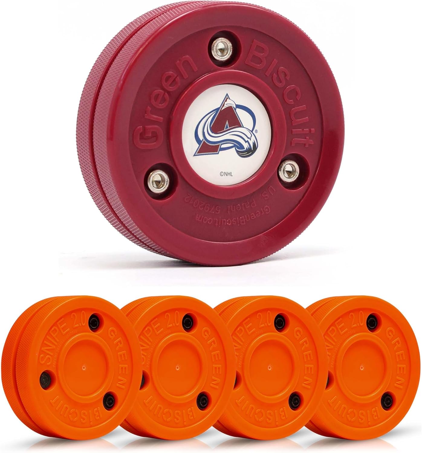 Green Biscuit Hockey Puck- 4 Pack Orange 2.0 Snipe Shooters Off Ice Hockey Pucks with 1 NHL Puck and GB Stickers- Offcial Street Hockey Pucks for Classic Training