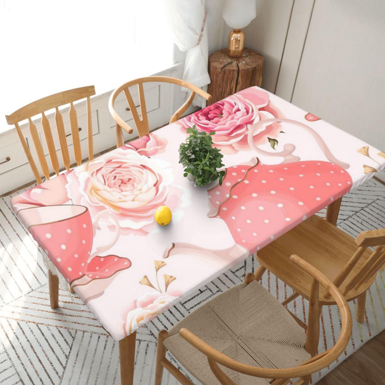 BNVSADC Tea Cups with Roses Romantic Shabby Printed 5FT Tablecloth Polyester Kitchen Water Resistant Table Cloth Dining Table Decoration Table Covers, 152x76 CM