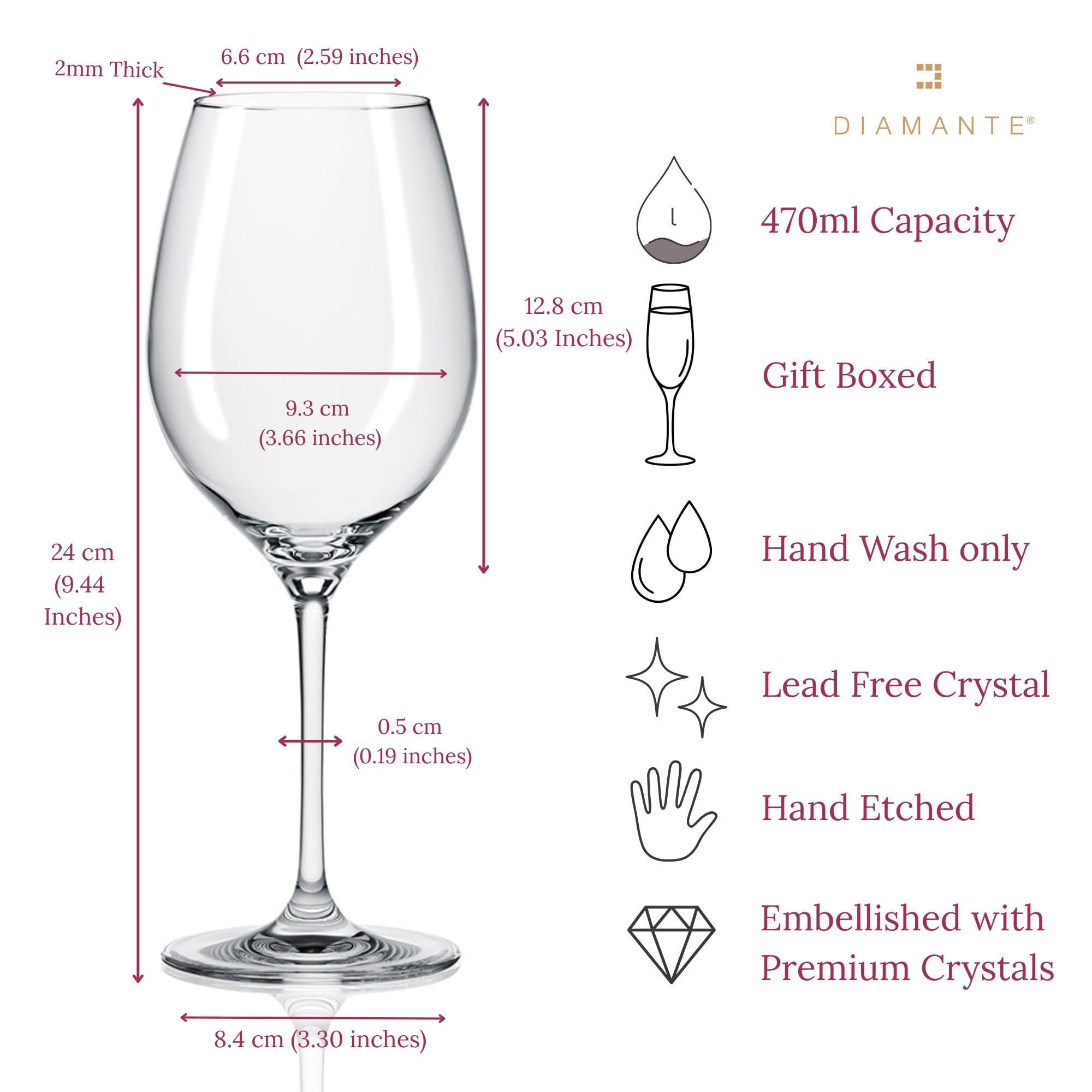 DIAMANTE Copas de vino tinto – Diseño "Silhouette", adornadas con cristales decorativos – Juego de 2