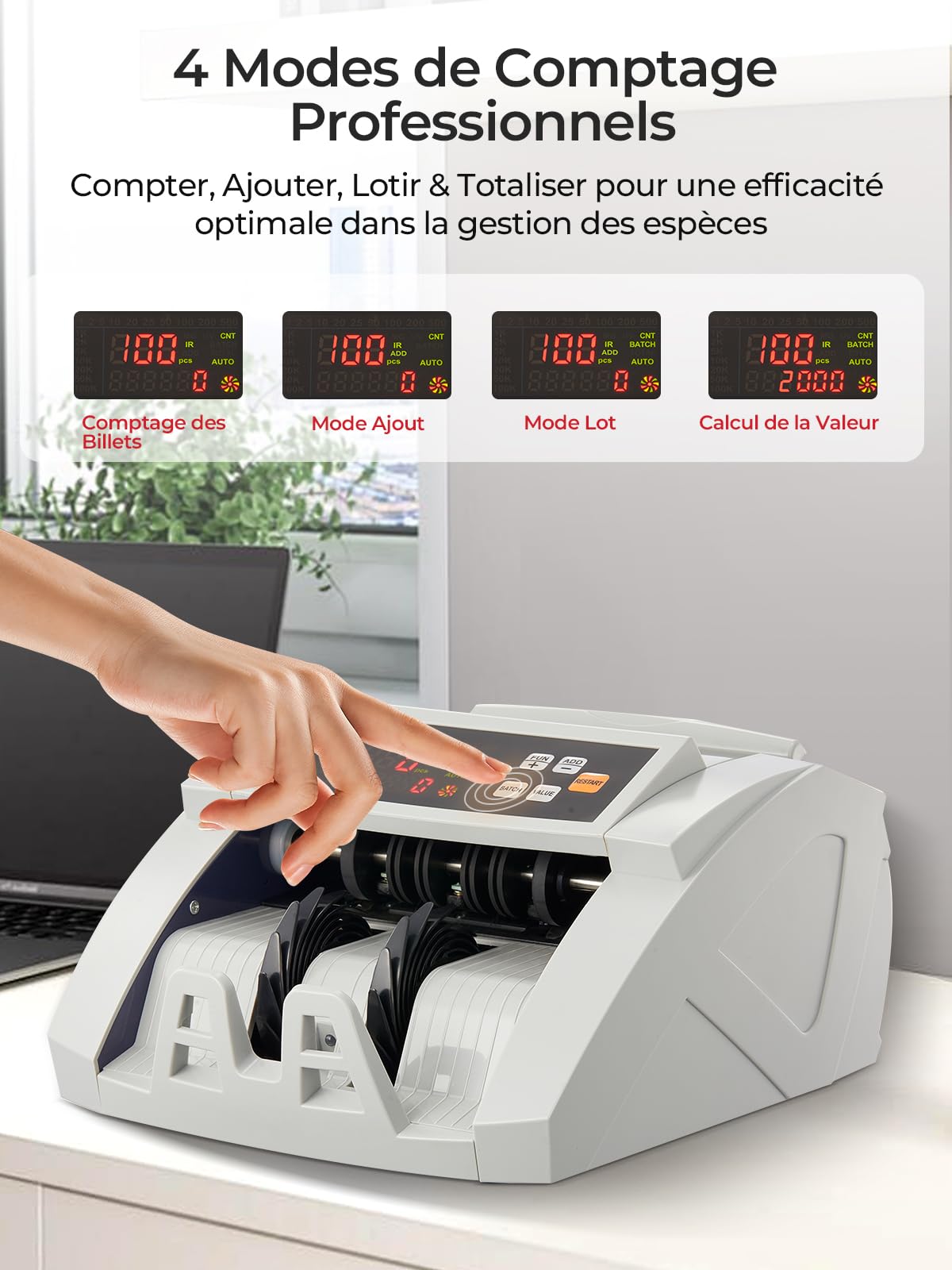 Machine à Compter les Billets FOHERE, Compteuse de Billets avec Détection de Contrefaçon UV/MG/IR/DD, 1100 Billets/Minute, Affichage LCD, Modes Valeur et Lot pour Magasins, Banques et Restaurants