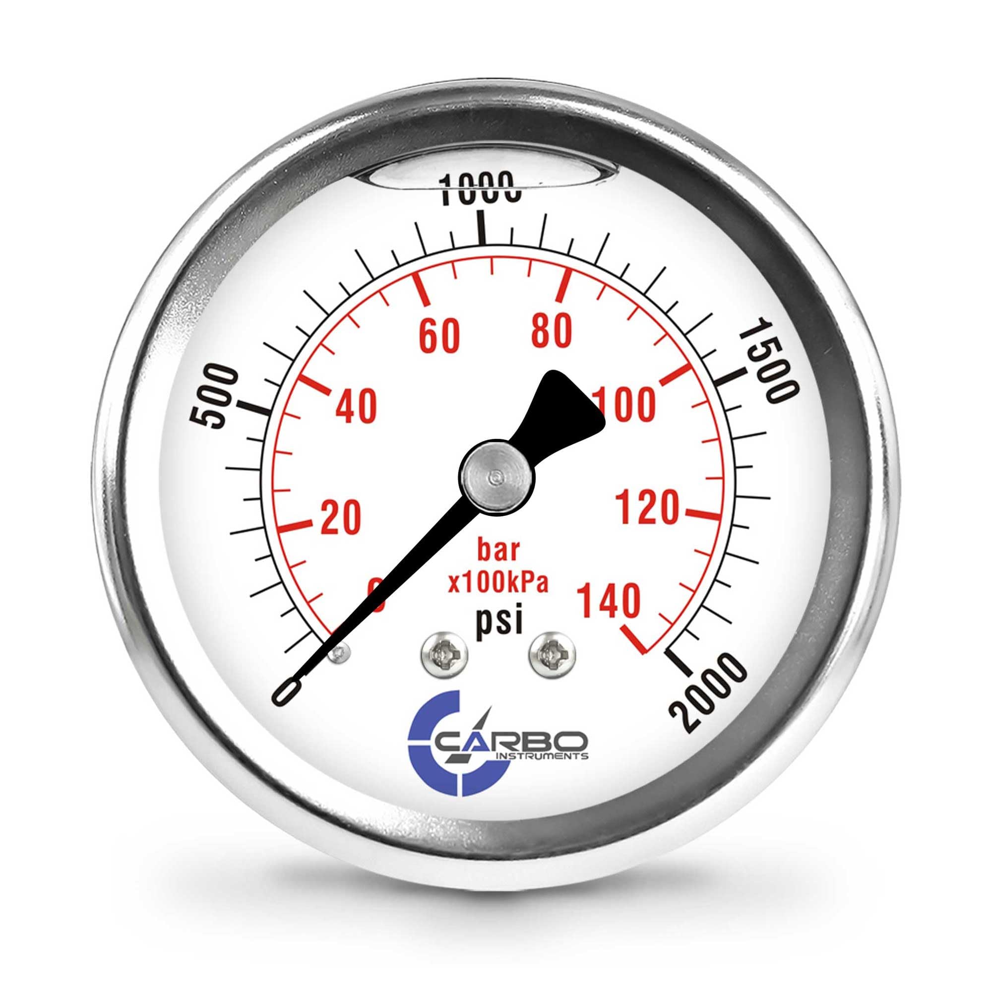 CARBO Instruments 2 1-2" Pressure Gauge, Stainless Steel Case, Chrome Plated Brass Connection, Liquid Filled, 0-2000 psi/kPa, Back Mount 1/4" NPT
