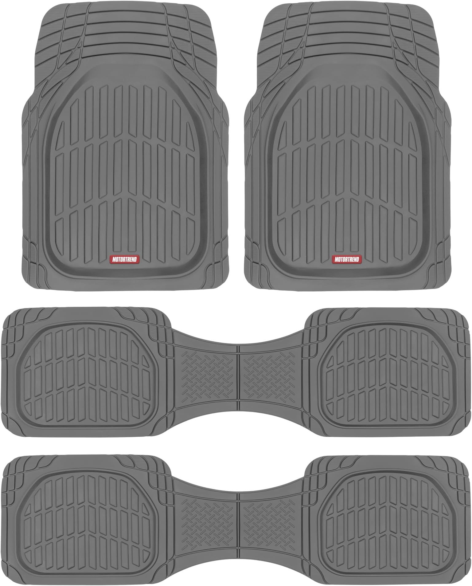 Original FlexTough Gray Rubber Car Floor Mats for 3 Row Vehicles, Front & Rear 2nd Row Deep Dish All Weather Automotive Heavy Duty Trim to Fit, Automotive Liners for Cars Truck Van SUV