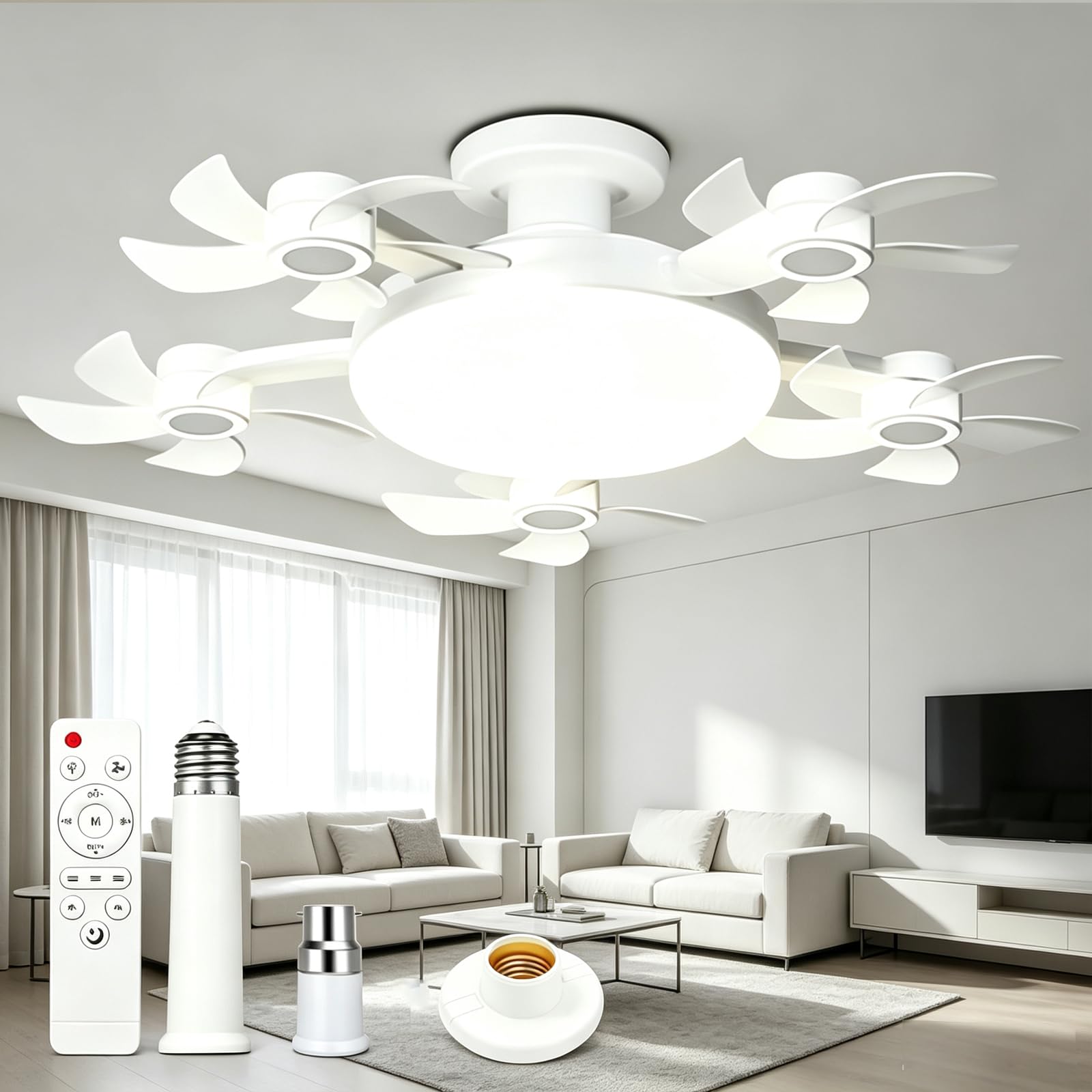 ANBTUKJ Ceiling Fan with Lights Remote Control, 5heads 80W 54cm 2-in-1 E27 Socket & B22 Bayonet, 3 Speeds Dimmable with 2H/4H Timer, Quiet Sleep for Bedroom Living Room