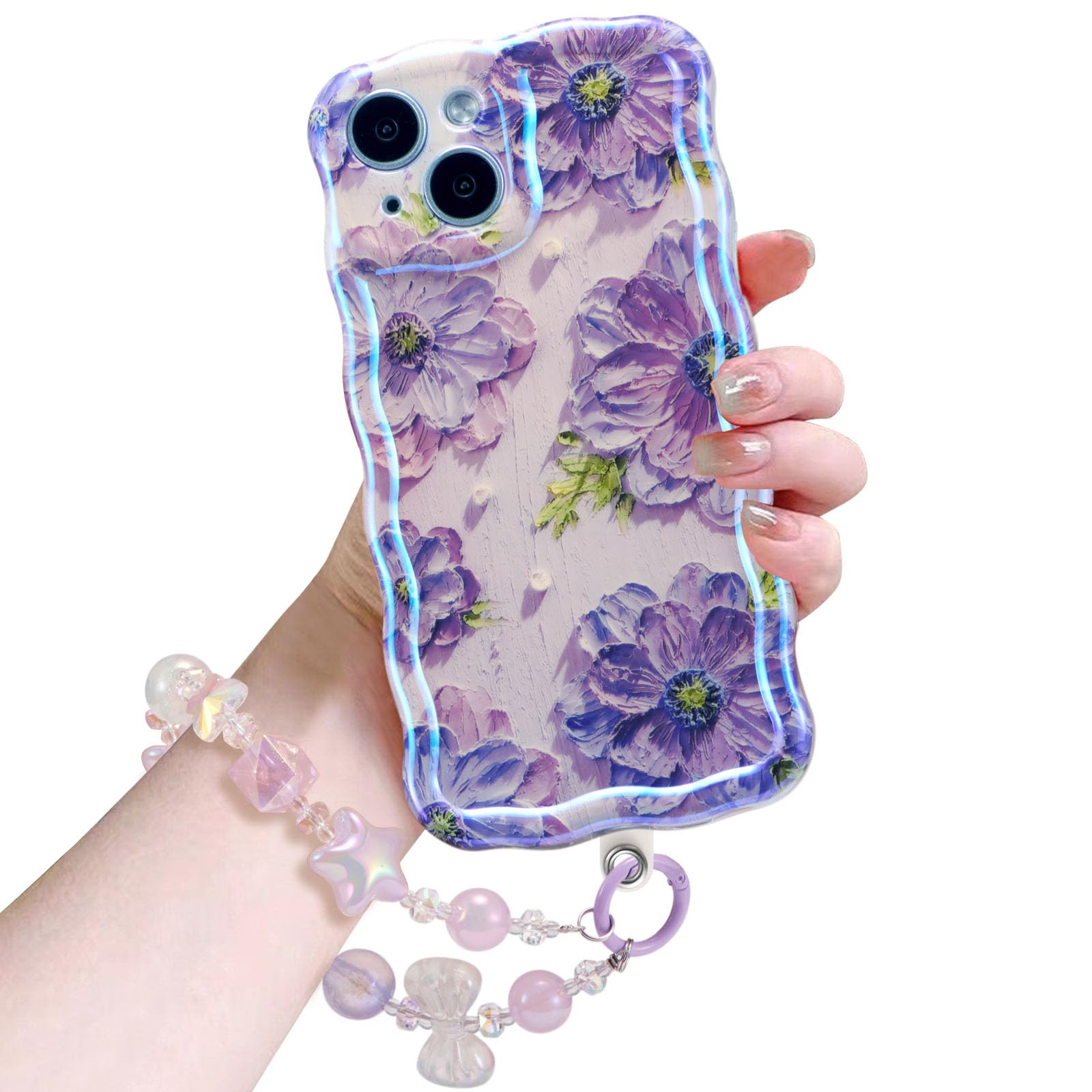 EYZUTAK Case For IPhone 14, Colorful Retro Oil Painting Printed Flower Laser Glossy Pattern Cute Curly Waves Border Exquisite Phone Cover Stylish - View #11