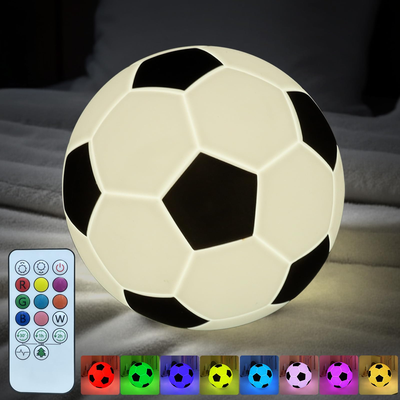 Luz nocturna de silicona de fútbol, adorable lámpara táctil de silicona recargable, 9 colores con función de temporización, lámpara de mesa suave para mesita de noche, bonito regalo de decoración de
