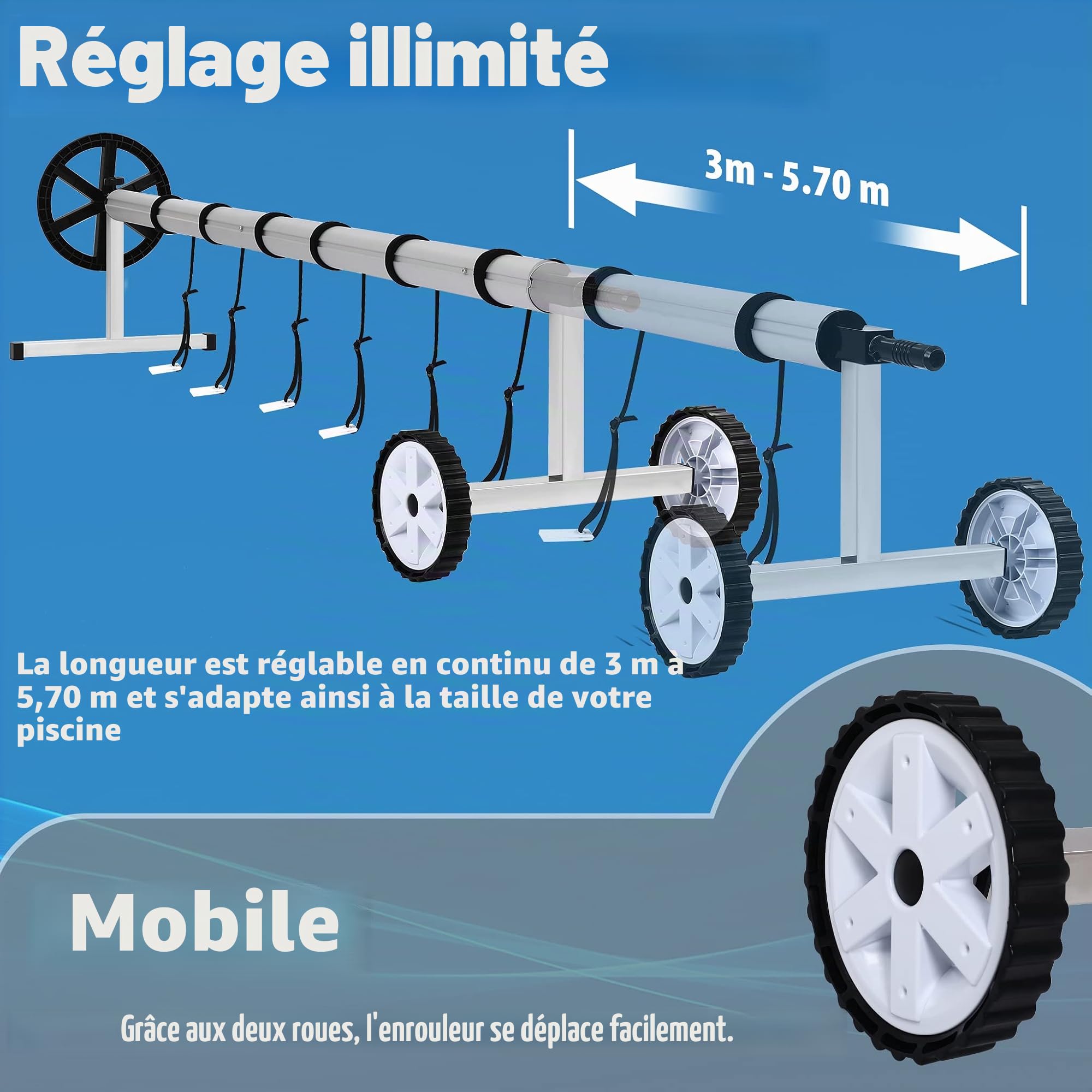 Aufun Enrouleur de Piscine de qualité supérieure - 3 à 5,70 m - Système d'enroulement Mobile pour bâche de Piscine et Housse - Enrouleur Mobile en matériau résistant aux intempéries-Fixation et Roues