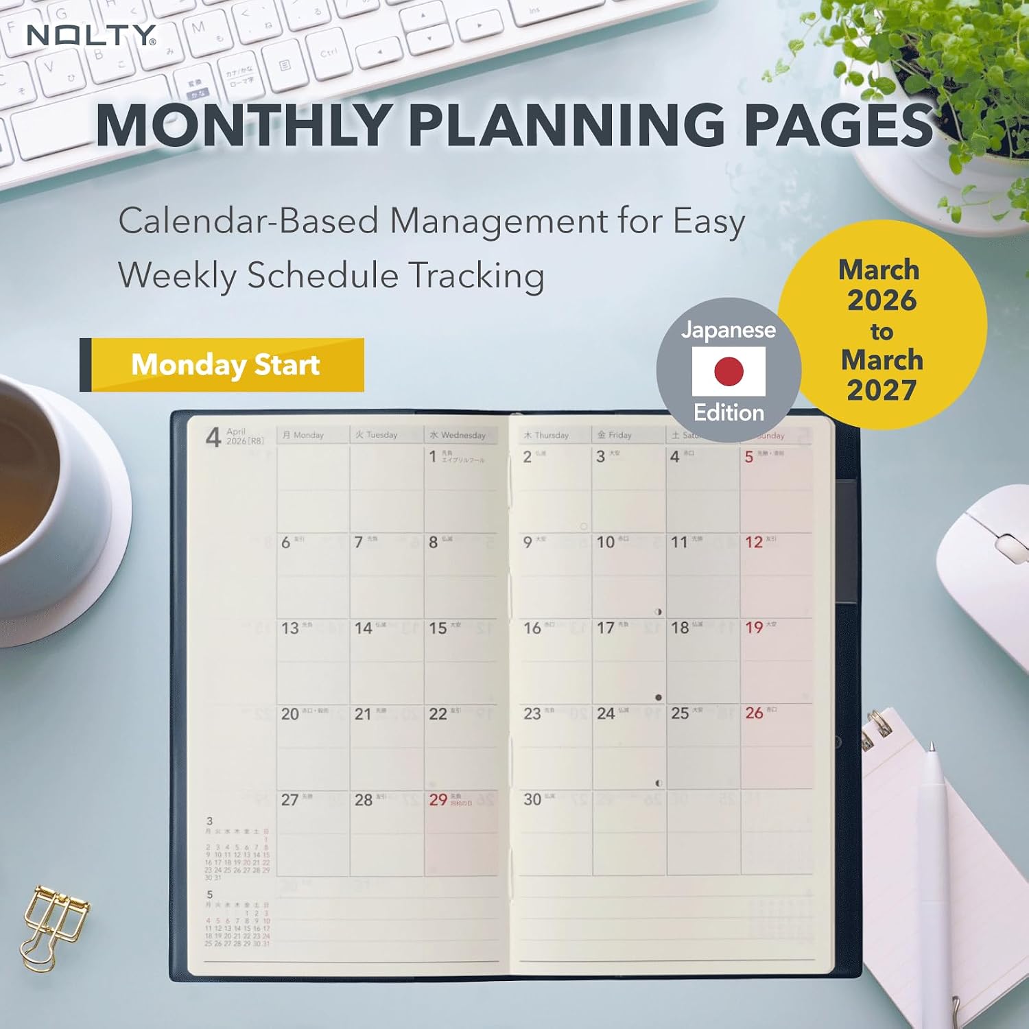 NOLTY Wide 3 Weekly Planner 2026, April Start, Japanese Edition, Navy Blue, 2026-9102