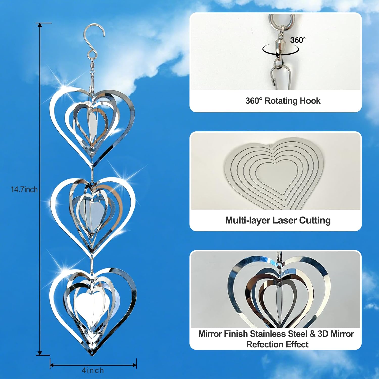 DELAVIDA Stainless Steel Bird Scare Devices, 3D Wind Spinners Outdoor, 9 Discs Set, Reflective Decor to Keep Swallow Pigeon Sparrow Away from House Patio Garden (Heart)