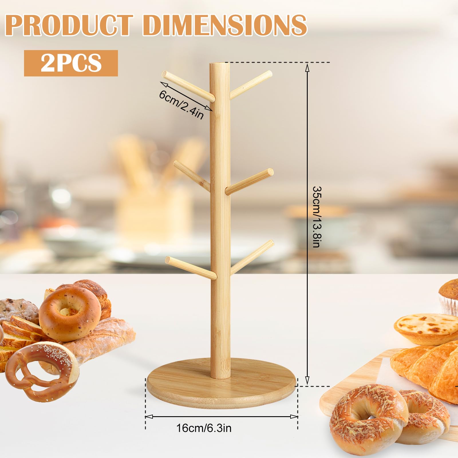 2 Stück Brezelständer, Holz Brezelhalter in Baumform, Donut Ständer Snack Display, 6-armig, Höhe 35cm, für Brezeln Würste Laugenbrot, Küchen,Cafés,Bäckereien,Restaurants (Runder Sockel)