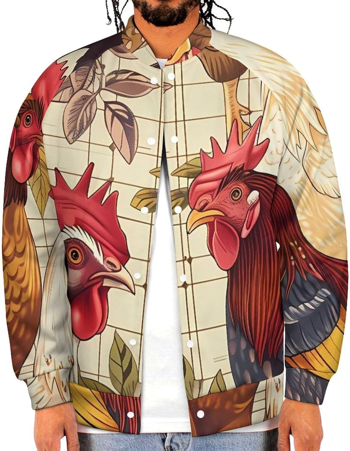 Farmhouse Chickens Sunflowers Novelty Men's Baseball Jackets Causal Sweatshirt Button Top Long Sleeve Coat
