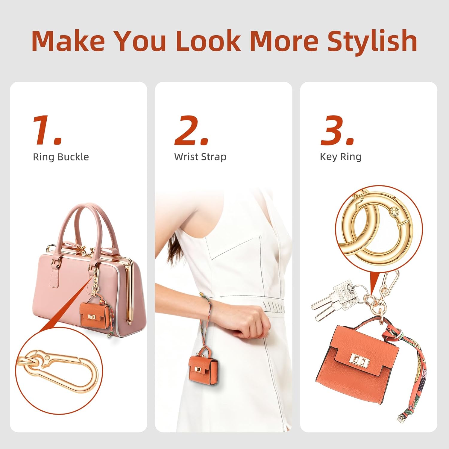 FENHIN Mini Backpack Keychain, Leather Small Coin Purse for Women, Cute Hand Bag Charms with Key Holder & Twist-lock (Orange) - Image 5