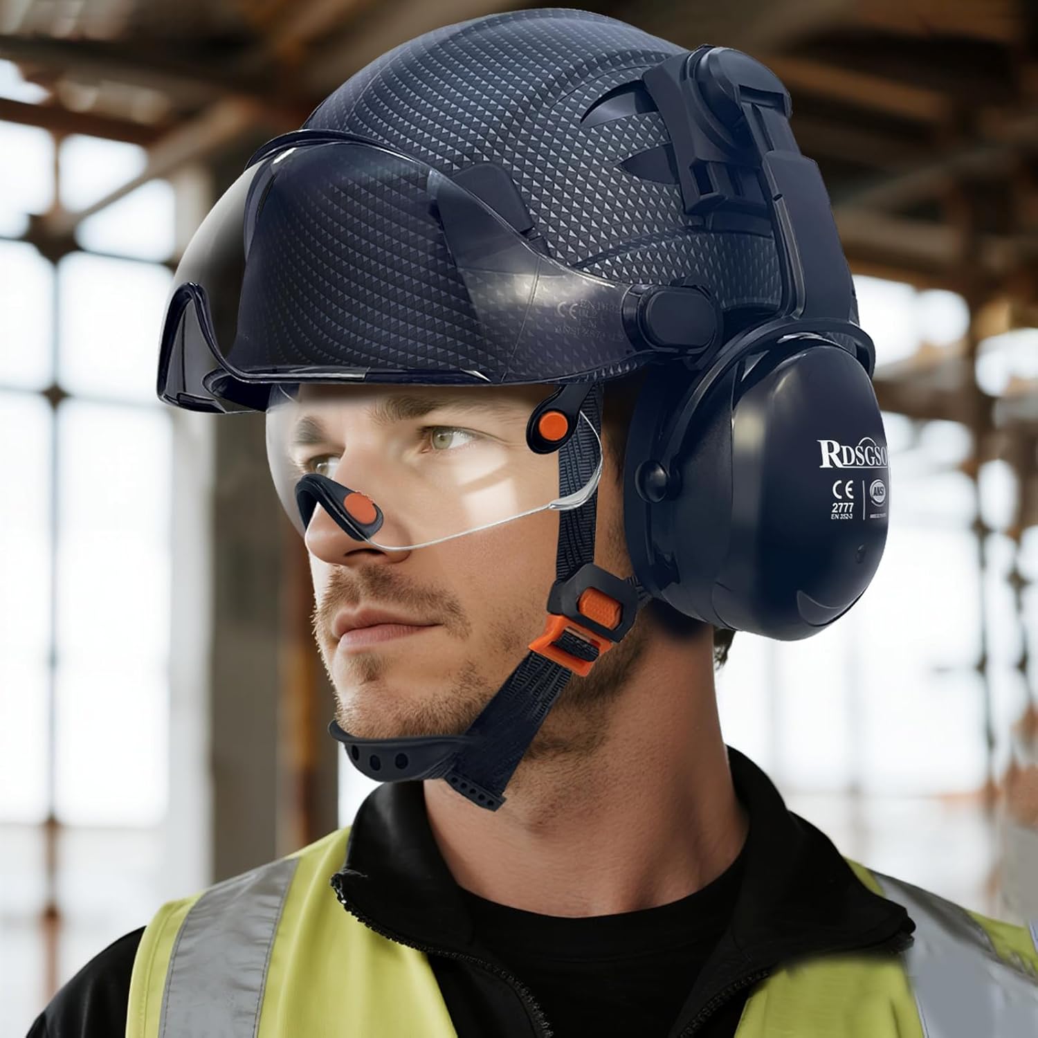 Safety Hard Hats with Visor and Ear Muffs Vented Lightweight 6 Points Suspension Construction Safety Helmet ANSI Approved