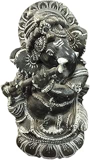 Mogul Interior Ganesha Statue Playing Flute Gorara Black Stone Sculpture Yoga Idol Altar