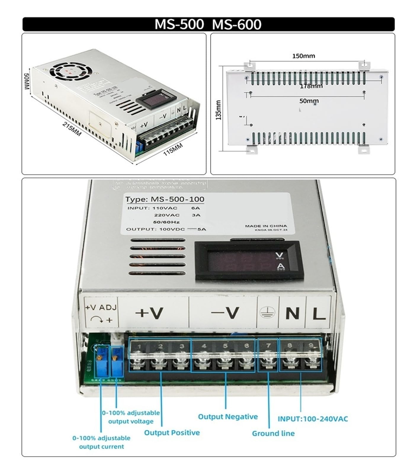 Fuente de alimentación ajustable de 500W 600W 1000W 1500W 0-12V a 0-200V