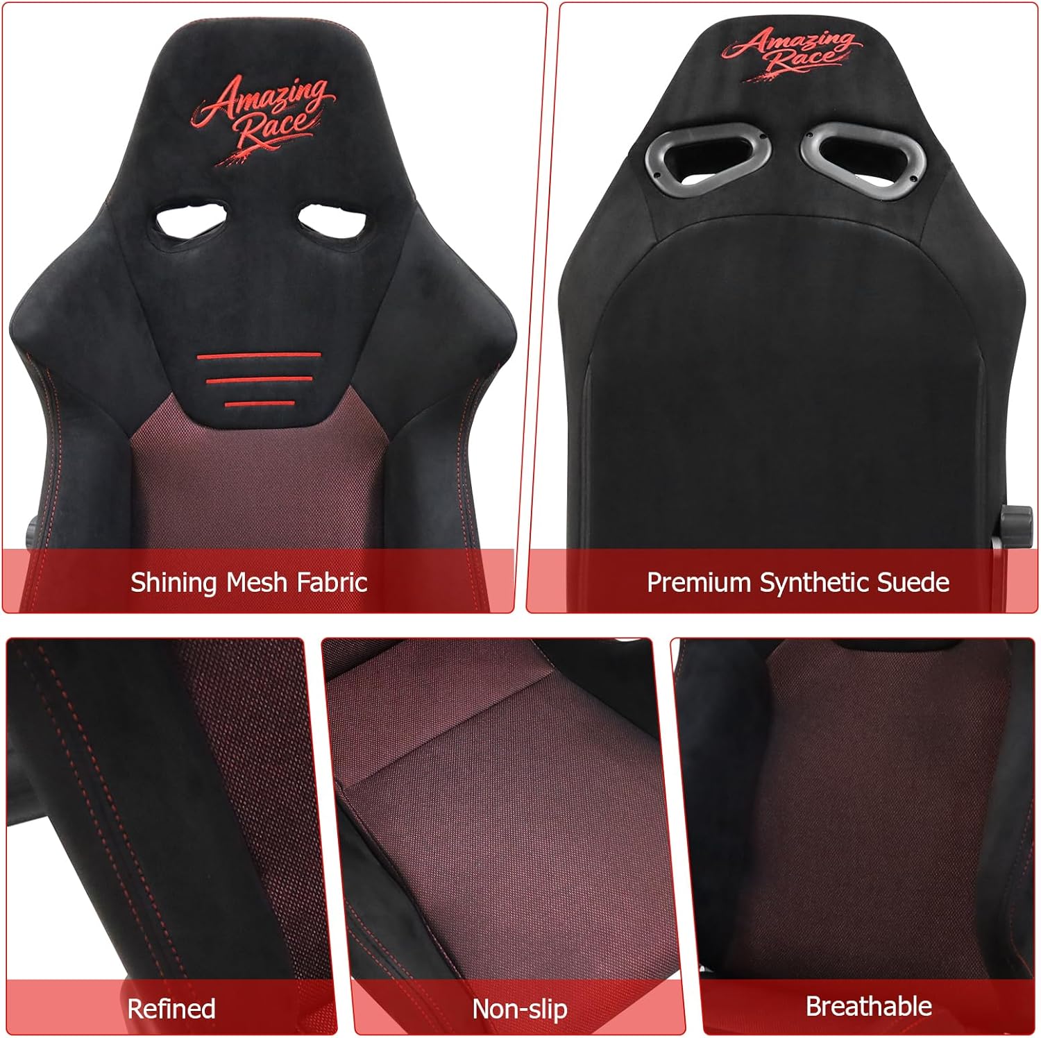 FREEMOTOR802 Reclining Sim Racing Seats with Dual Lock Slide Rails, Universal Fit Ergonomic Performance Car Sport Seats, Adjustable Lumbar Support, Black Suede + Red Mesh Fabric, Pair