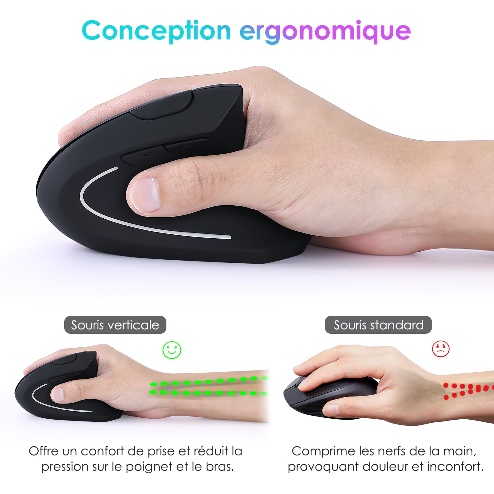 Clavier Ergonomique Pleine Taille et Souris Verticale sans Fil 2,4 GHz avec Support pour tablettes, Repos-Poignet et Bouton de Volume, adapté aux Ordinateurs Portables Mac/PC et Chromebook