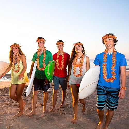 Vista 4 de 48 piezas de regalos de fiesta de Halloween, boda de otoño, naranja, Leis hawaiano Leis para fiesta Luau, 12 diademas, 24 pulseras, 12 guirnaldas