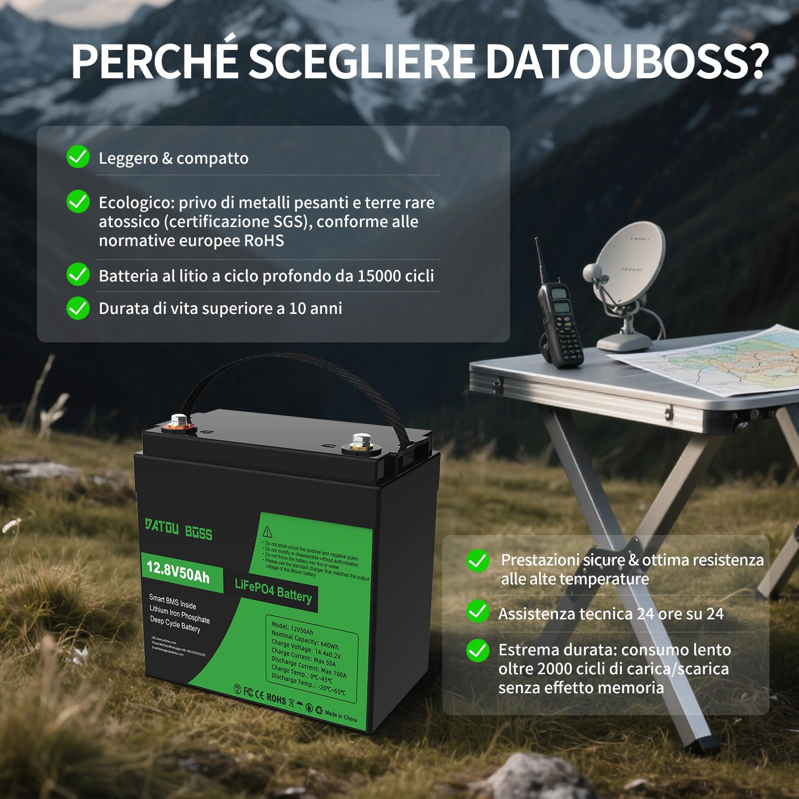 DATOUBOSS Batteria al Litio 12V 50Ah LiFePO4, integrata 50A BMS 15000+cicli Batteria al litio a ciclo profondo MAX 640W Supporto di potenza in serie/parallelo, perfetto per solare, RV.