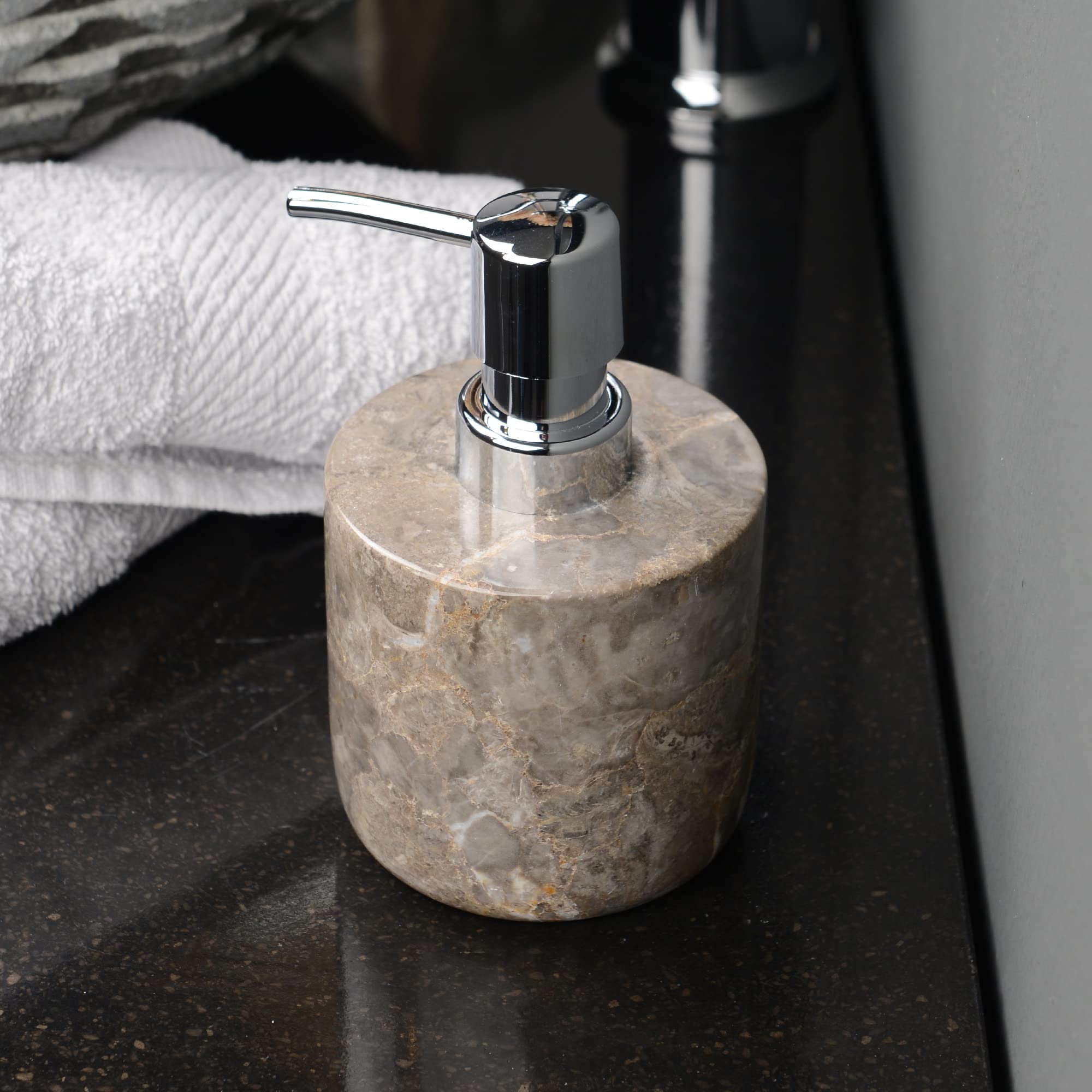 Dispensador de jabón de mármol gris redondo, 15 cm, dispensador dosificador rellenable de piedra natural