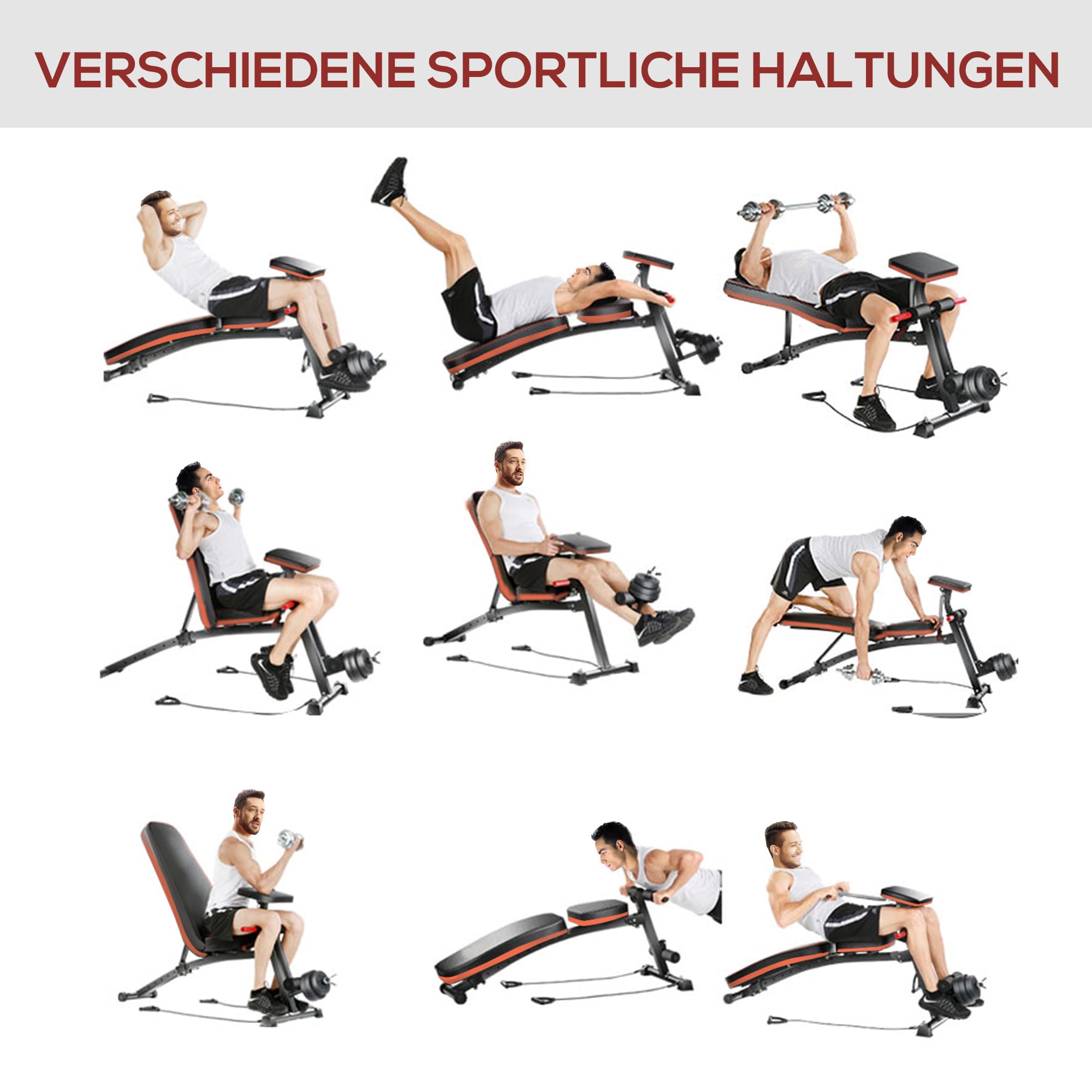 HOMCOM Hantelbank, Multifunktion Trainingsbank mit 7-fach verstellbarer Rückenlehne, Klappbar Fitnessbank bis 300 kg belastbar, für Zuhause, Bizeps-Curls, Langhantel, Stahl
