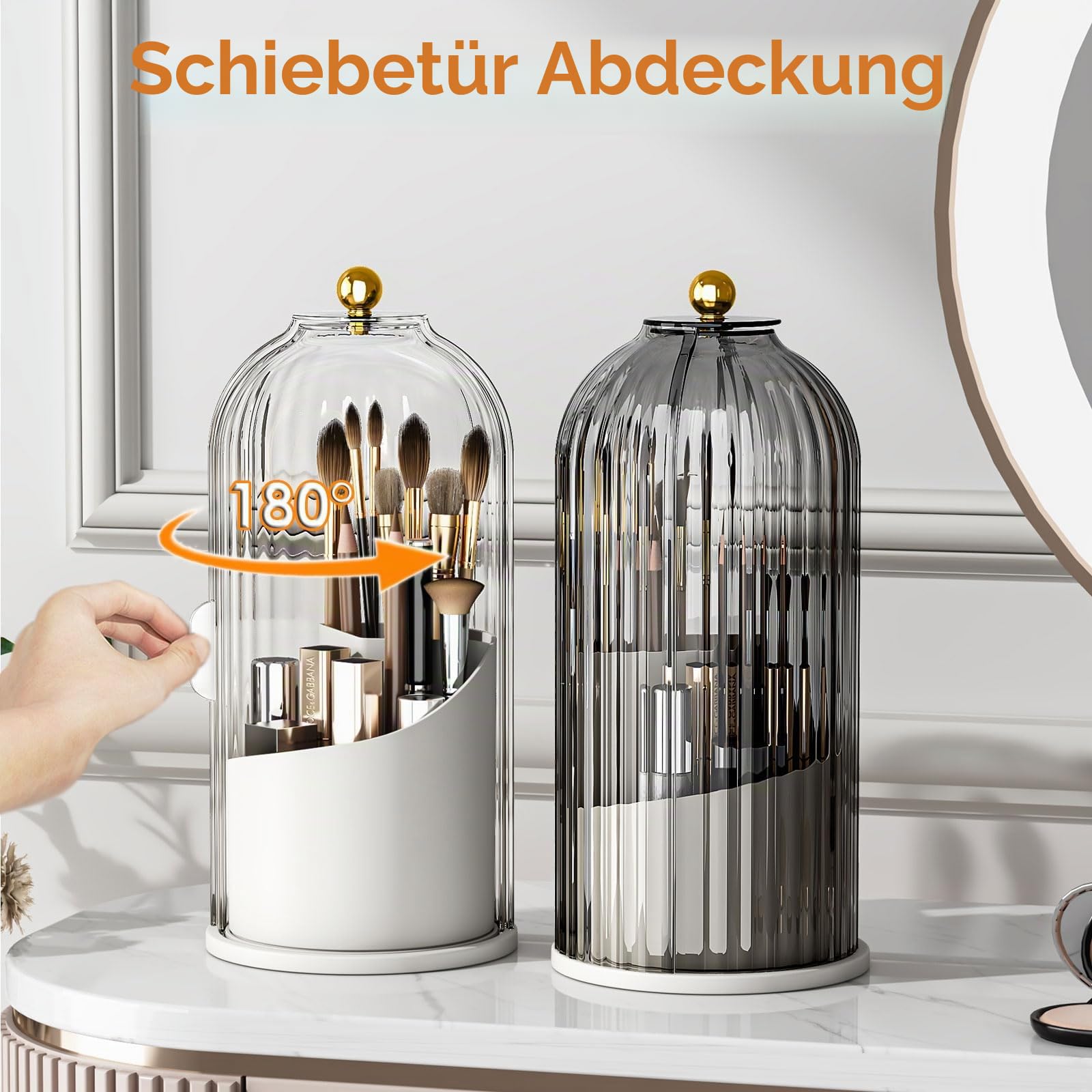 YOOLENS Make-up-Pinselhalter mit Deckel, um 360 Grad drehbar, transparent, staubdicht, Make-up-Organizer für Schminktisch, Badezimmer, Arbeitsplatte, transparent