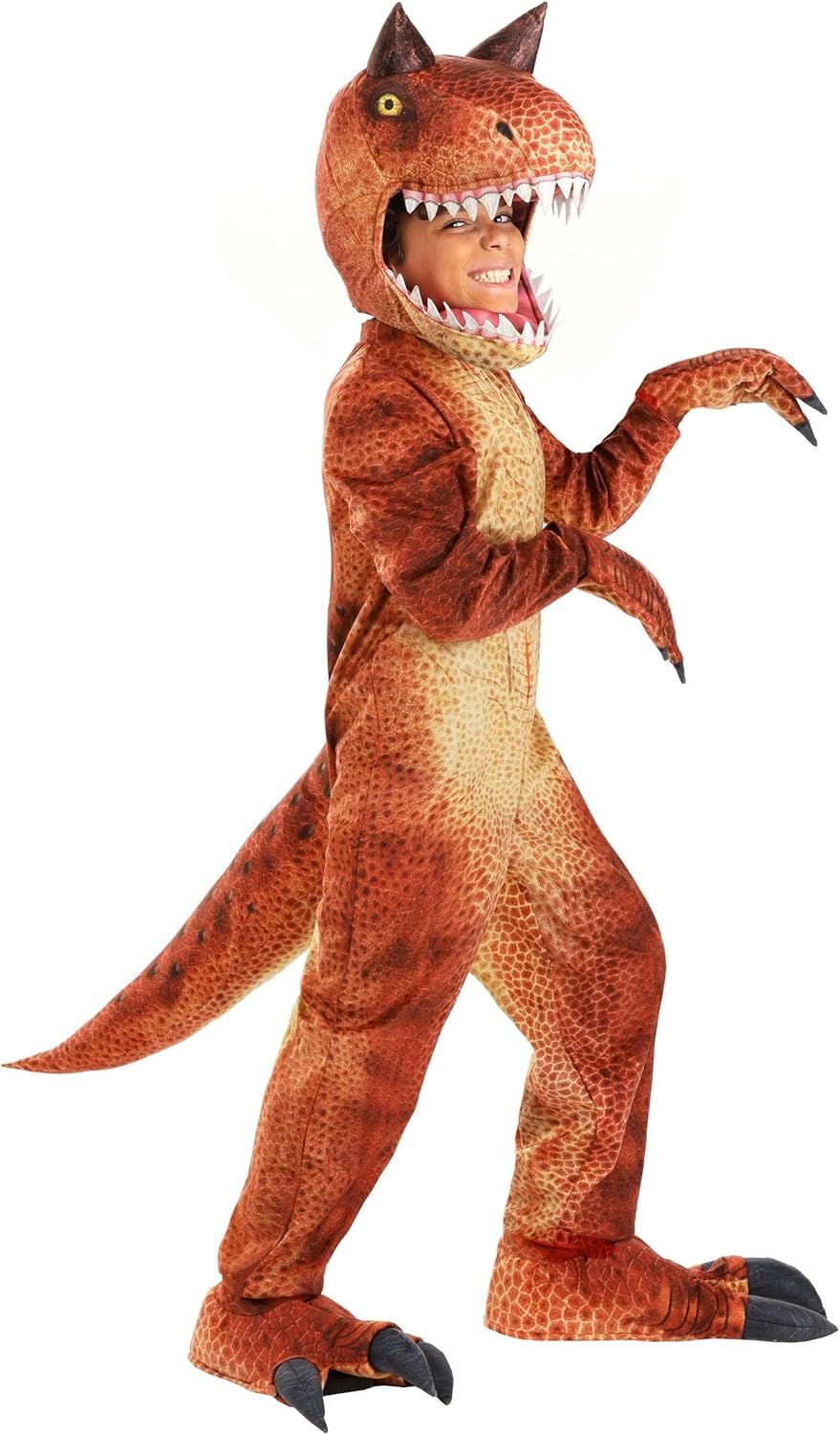 Carnotaurus Dinosaur Costume for Kids - Jumpsuit, Headpiece, Tail, Clawed Hand & Shoe Covers - Jurassic Halloween Outfit