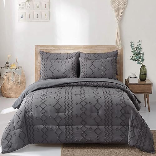 Miniatura 3 de Juego de edredón copetudo color gris oscuro, tamaño King (104 x 90 pulgadas), edredón bohemio Shabby Chic con bordado geométrico, juego de ropa de