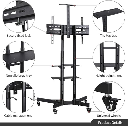 Miniatura 3 de Yaheetech Soporte de TV móvil, carrito de TV ajustable con ruedas de bloqueo para pantalla plana LCD LED de plasma de 32 a 75 pulgadas de hasta 110