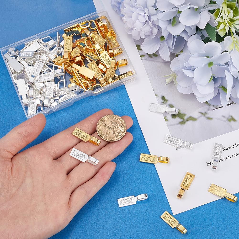 1 Box 100Pcs Gold Glue on Bails Rectangle Flat Pad Bail Bulk Tibetan Alloy Silver Small Shovel Shape Charms Connector Hanger Jewelry Findings for Necklaces Making Supply DIY Cabochons Craft - Image 3