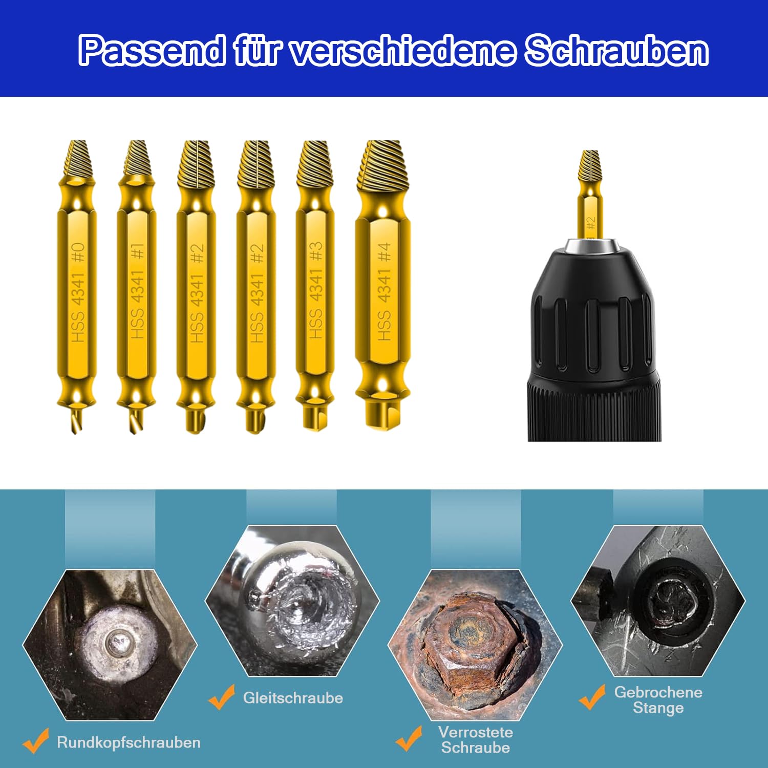 Schraubenausdreher Set 6 Stück, Hergestellt aus HSS 4341, Beschädigte Schraube Entferner Extraktor Set, Extraktor zum Entfernen fester & beschädigter Schrauben, Gold