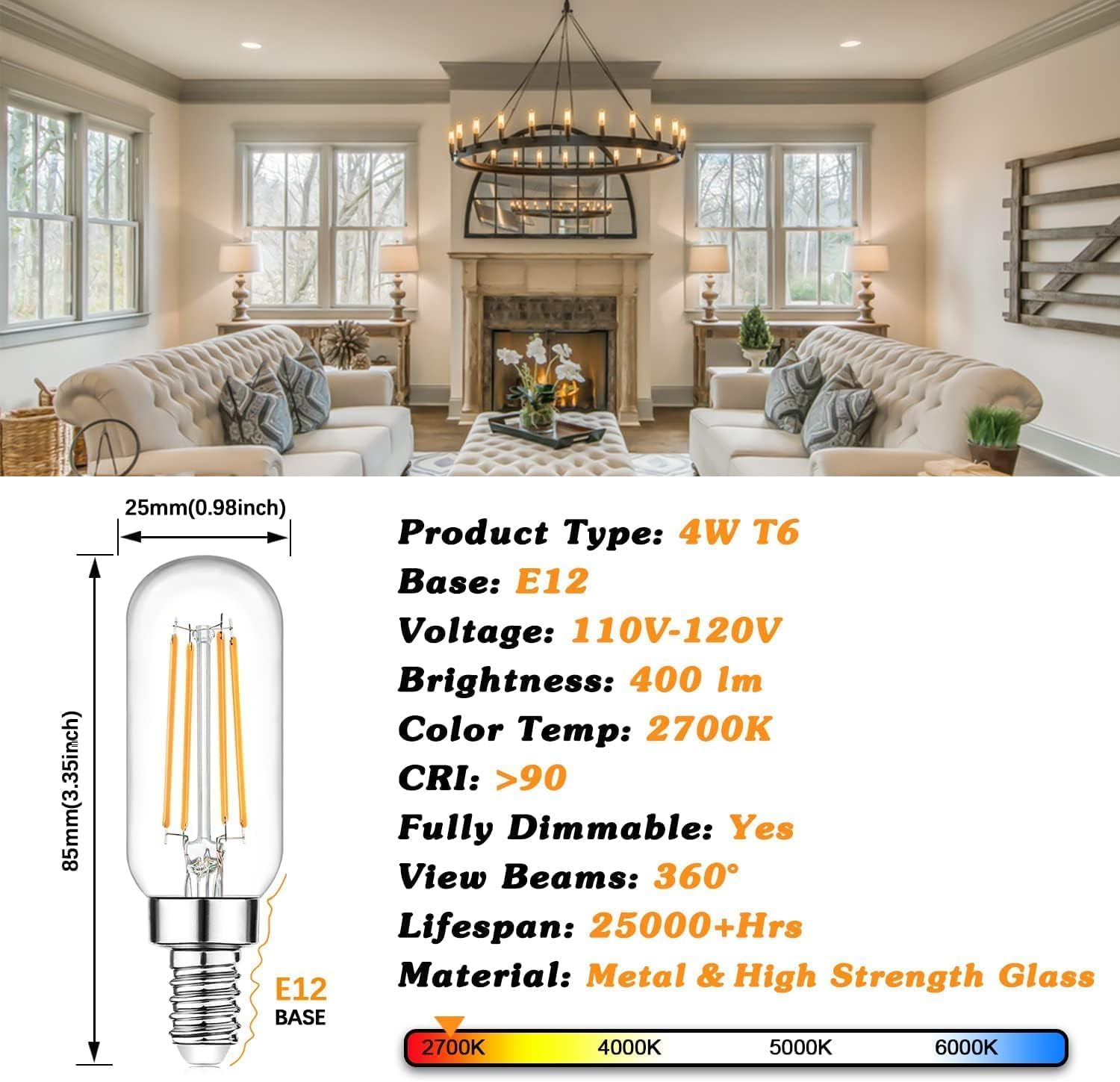 E12 Edison LED Light Bulbs 40 Watt Equivalent Candelabra, Dimmable 2700K Warm White T6 Clear LED Bulbs 4W 400lm Vintage T25 for Chandelier Ceiling Fan, Tubular Small Filament Bulbs, 12 Packs