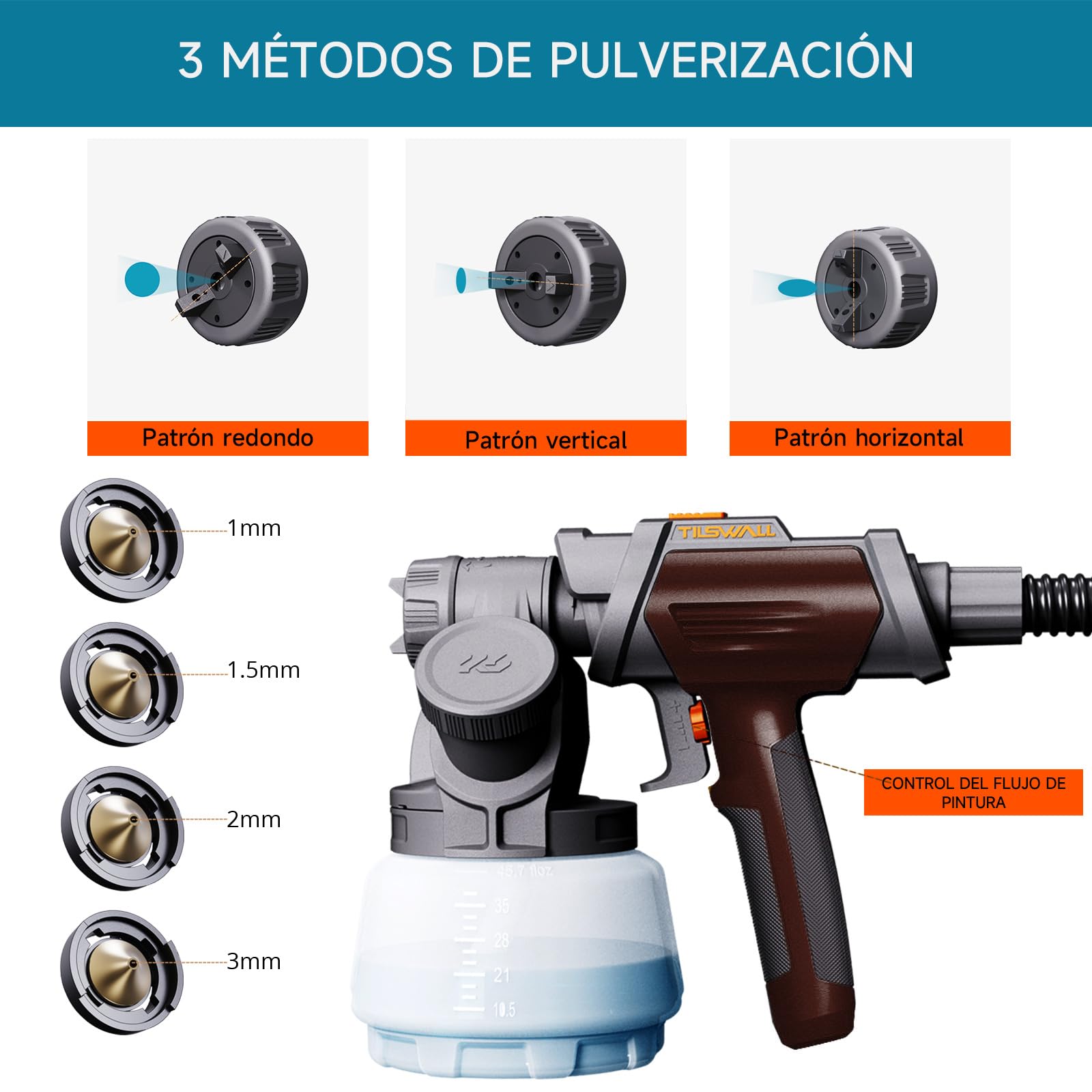 Tilswall Pistola Pintura, Pulverizador de Pintura HVLP 800W, 4 Boquillas y 3 Patrones, Contenedor de Pintura con Recarga Lateral, 120 DIN-s Pistola de Pintura, para Vallas, Jardín y Muebles