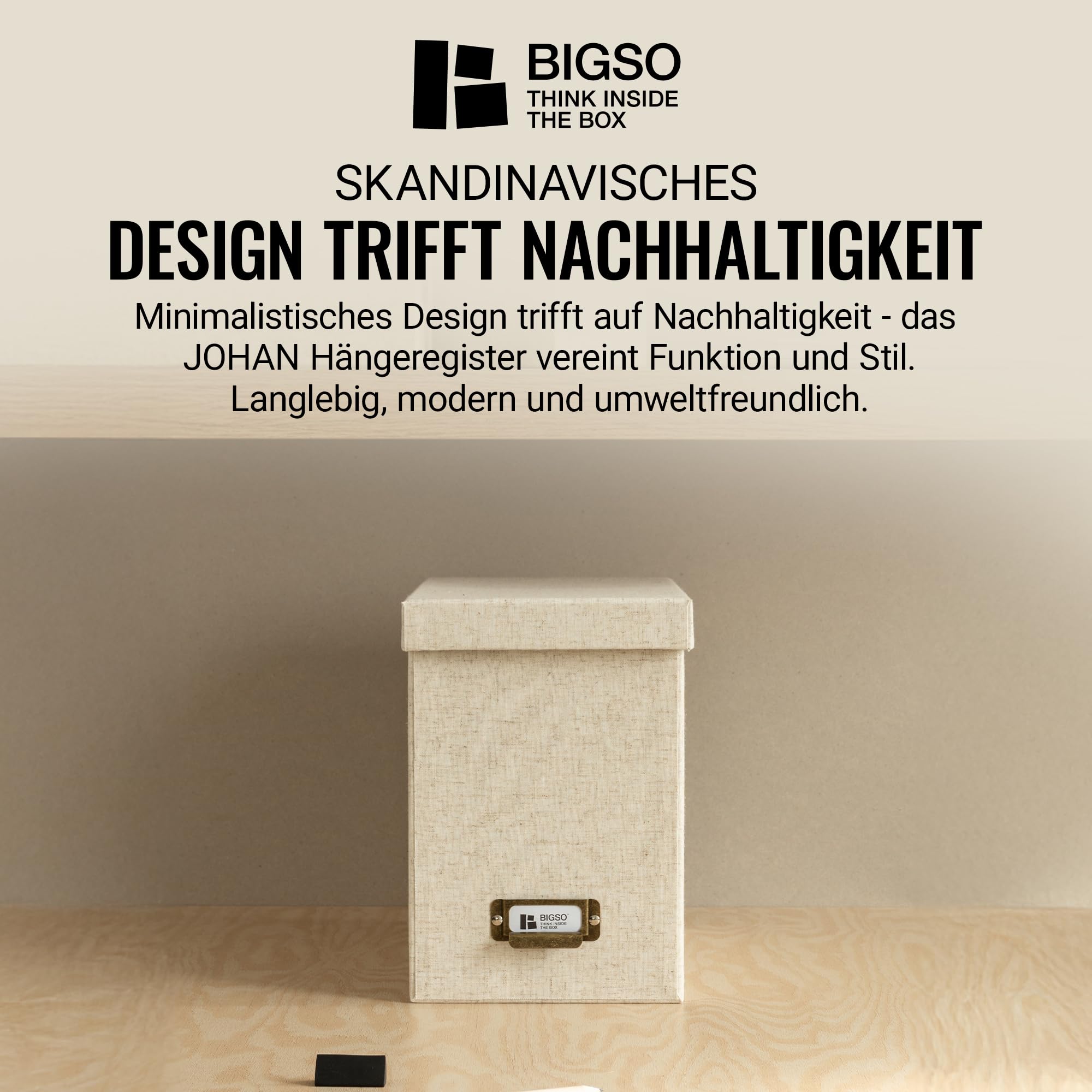 BIGSO JOHAN Hängeregisterbox A4 – Hängemappenbox mit Deckel und Griff – Schreibtischablage für Hängemappen & Dokumente – Aufbewahrungsbox aus recycelter Faserplatte und Papier – Leinen