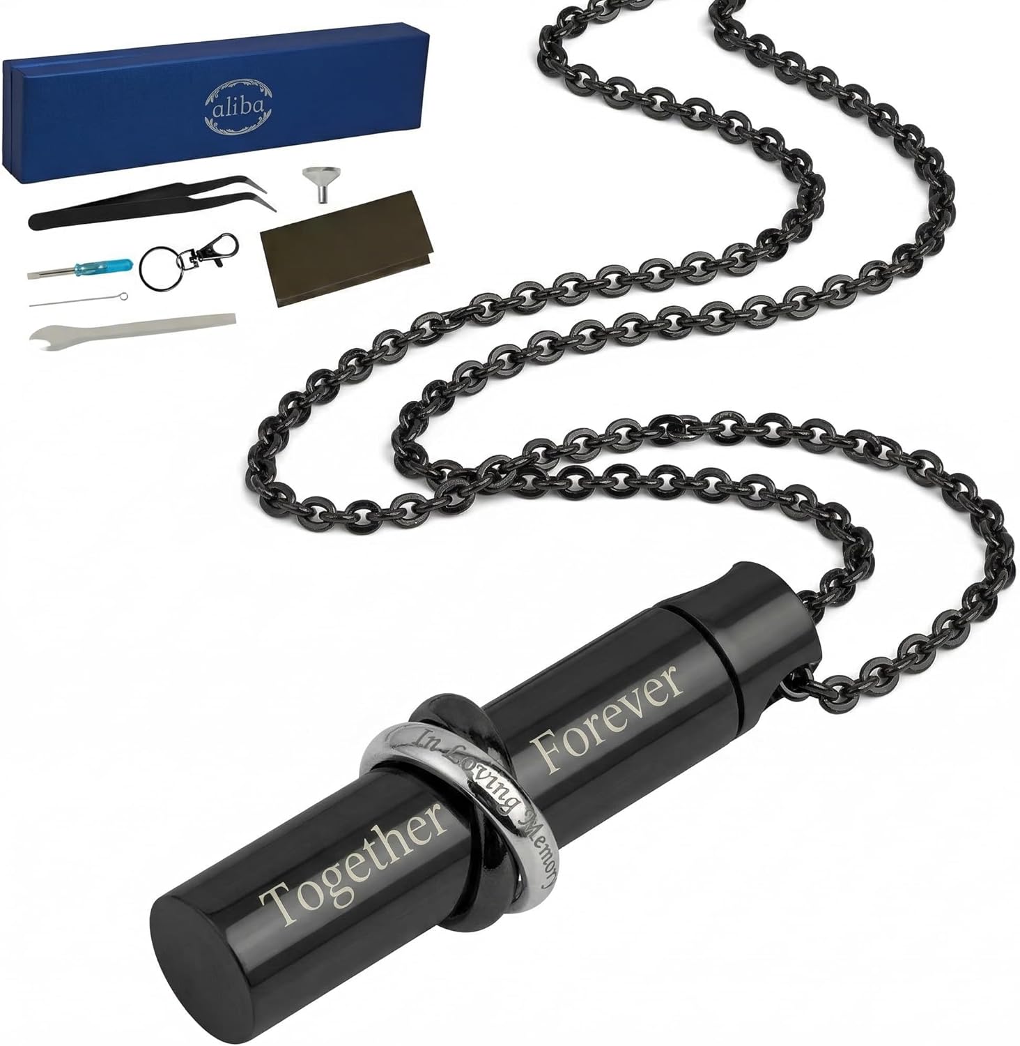 [aliba] 遺骨ネックレス バー×リング ブラック サージカルステンレス 金属アレルギー対応 手元供養 防水 納骨セット付
