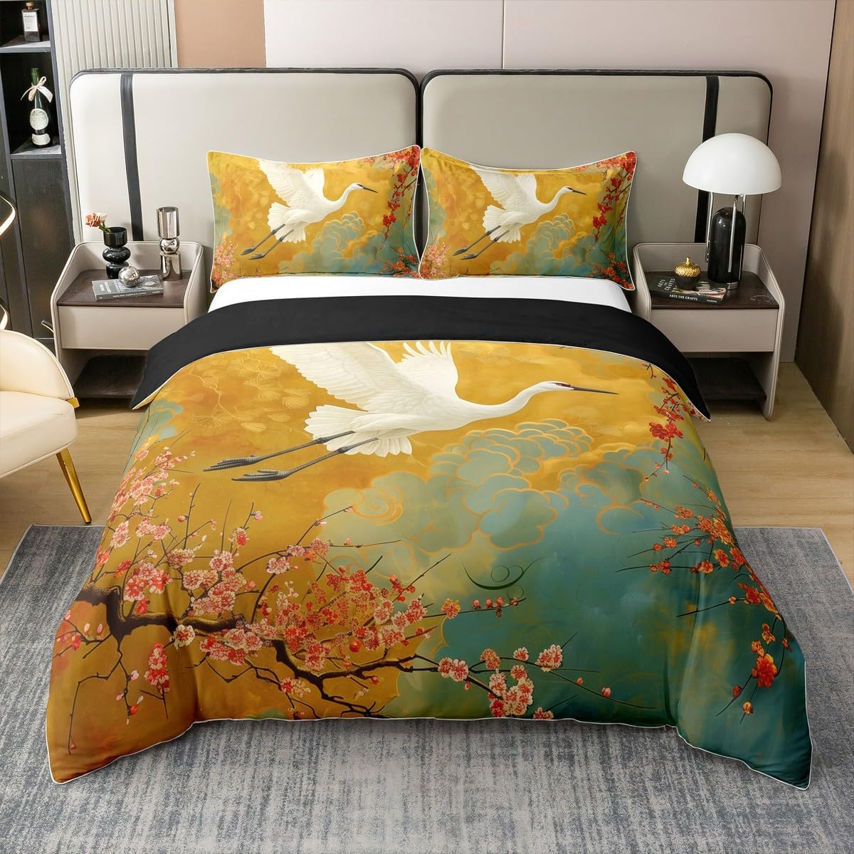 Erosebridal Crane Bird 100% Cotton Bedding Set King Size Plum Bossom Bedclothes for Kids Men Women Floral Japanese Ukiyo-E Teal Blue Yellow Comforter Cover Soft Comfy Duvet Cover