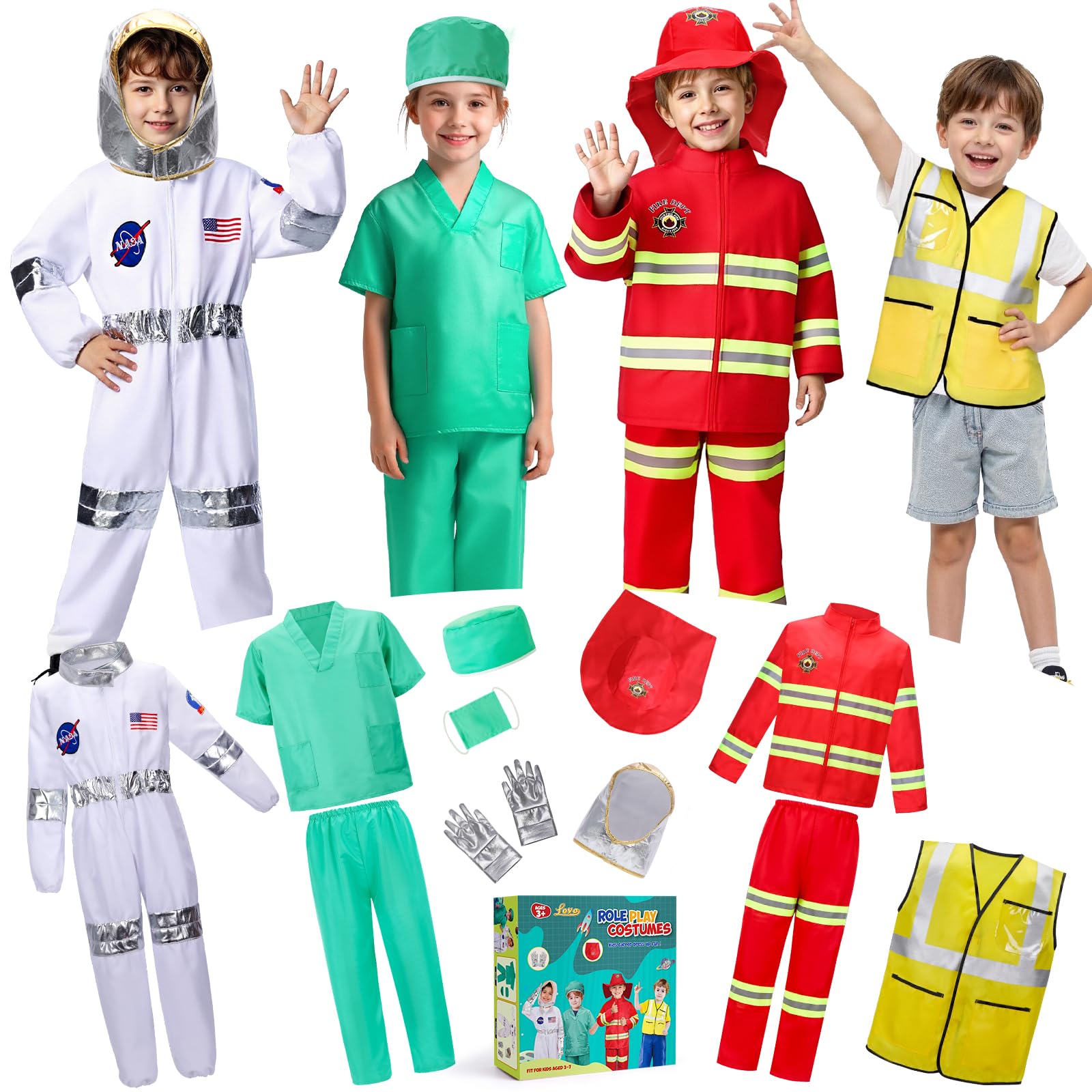 LOYOLOYO Kids Role Play Dress Up Clothes for 3-8 Years Old Play, 4 Sets Astronaut/Doctor/Fireman/Construction Costume for Kids And Toddlers Boys Halloween Costumes