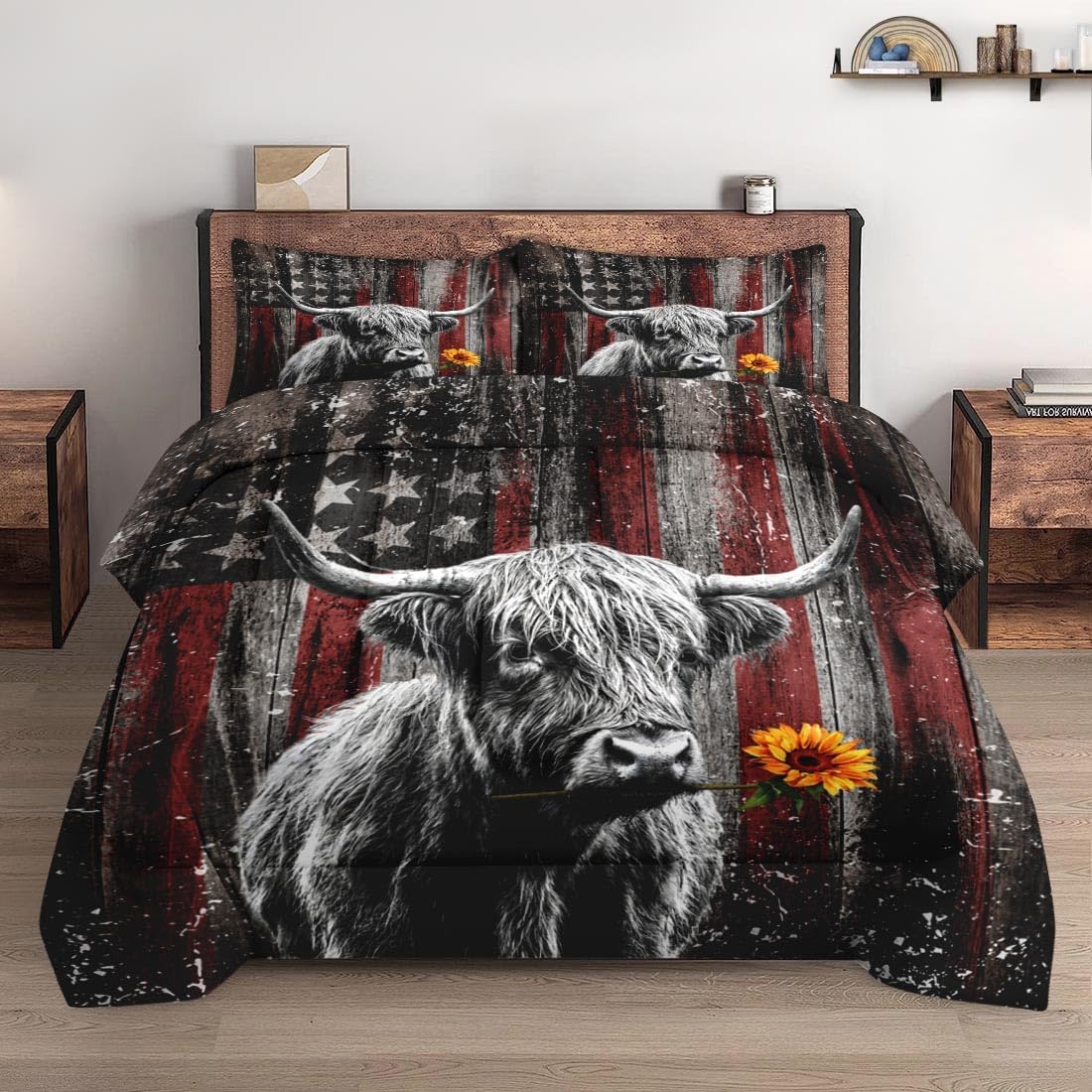WeCozy Queen Size Comforter Set with 2 Pillowcases, Highland Cow Animal 3 Pcs Bedding for Kids and Adults, Farm American Flag Soft Comforter Set for Bedroom Bed Decor
